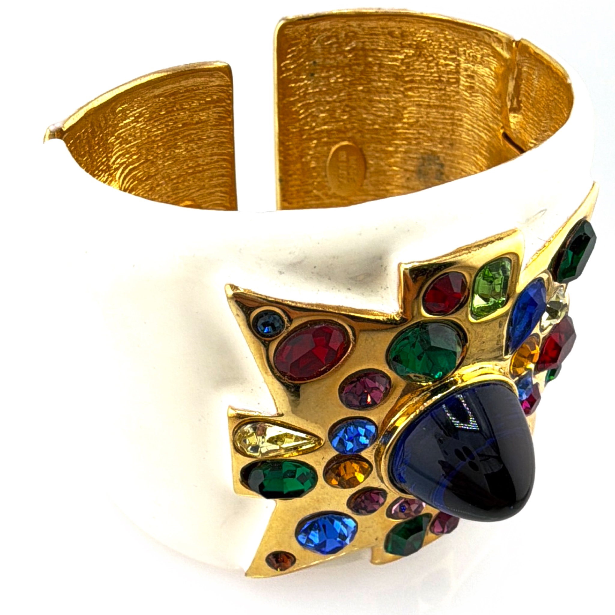 80s Kenneth Jay Lane Cuff bracelet, Maltese cross with dark sugarloaf cabochon and multicolor 106.82g 6-6.5in