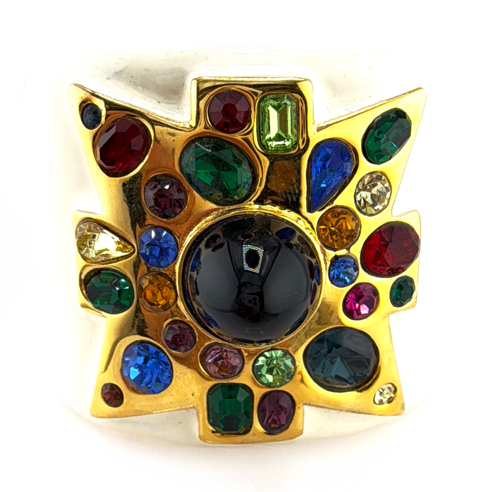 80s Kenneth Jay Lane Cuff bracelet, Maltese cross with dark sugarloaf cabochon and multicolor 106.82g 6-6.5in — Front