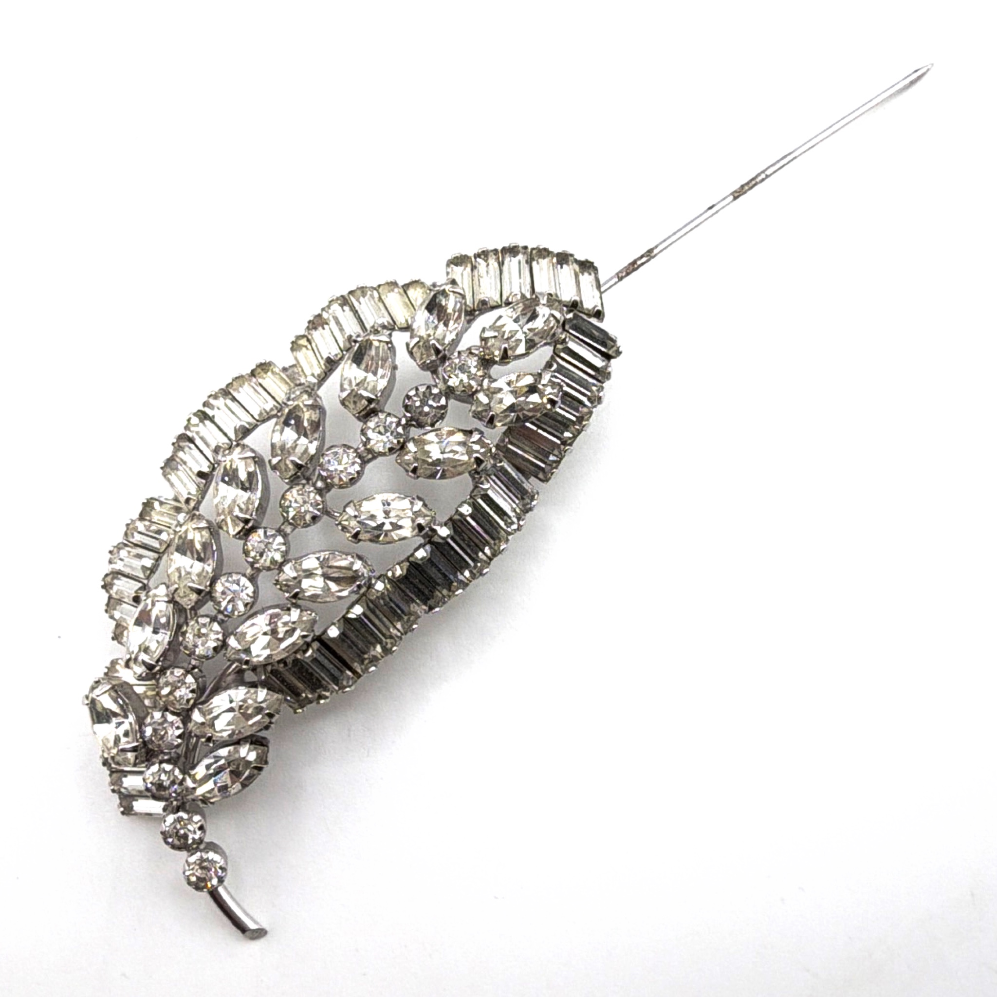 Vintage Weiss Silver Tone Rhinestone Leaf Brooch, Baguette Trim 24.85g — Side