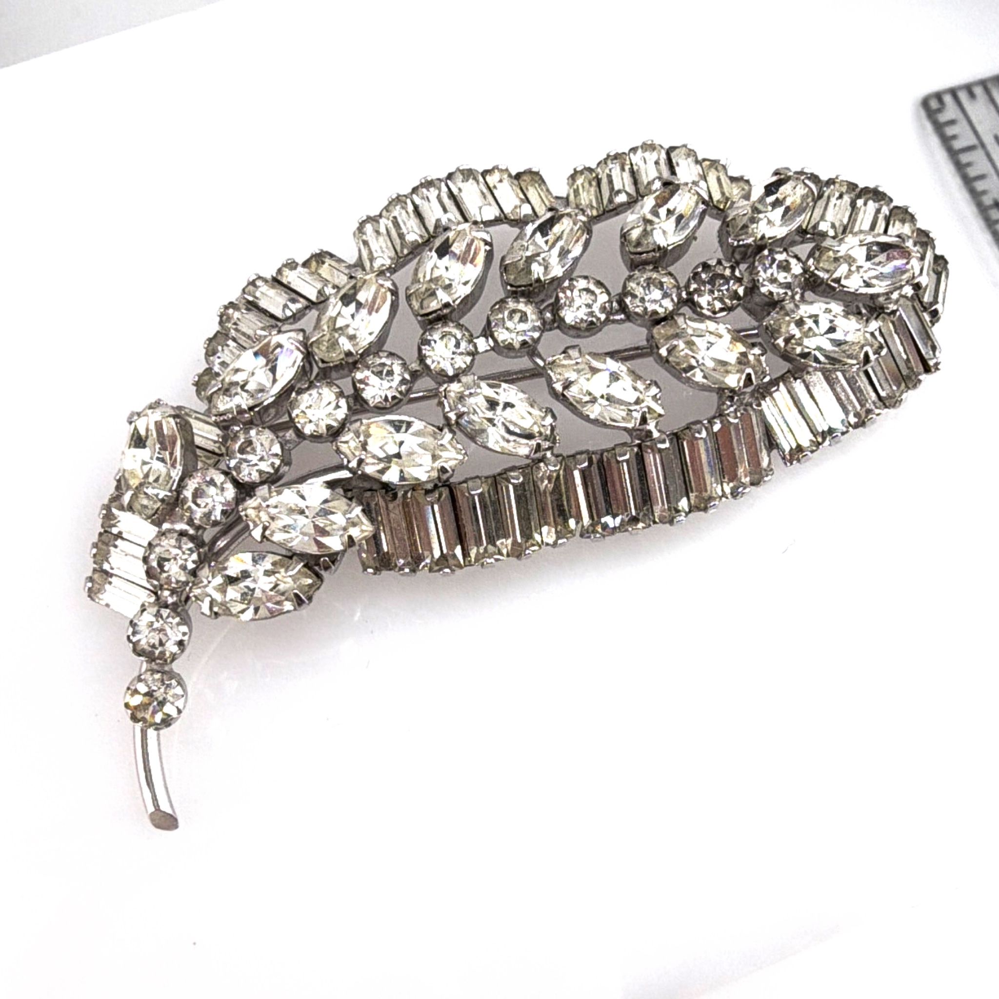 Vintage Weiss Silver Tone Rhinestone Leaf Brooch, Baguette Trim 24.85g — Back