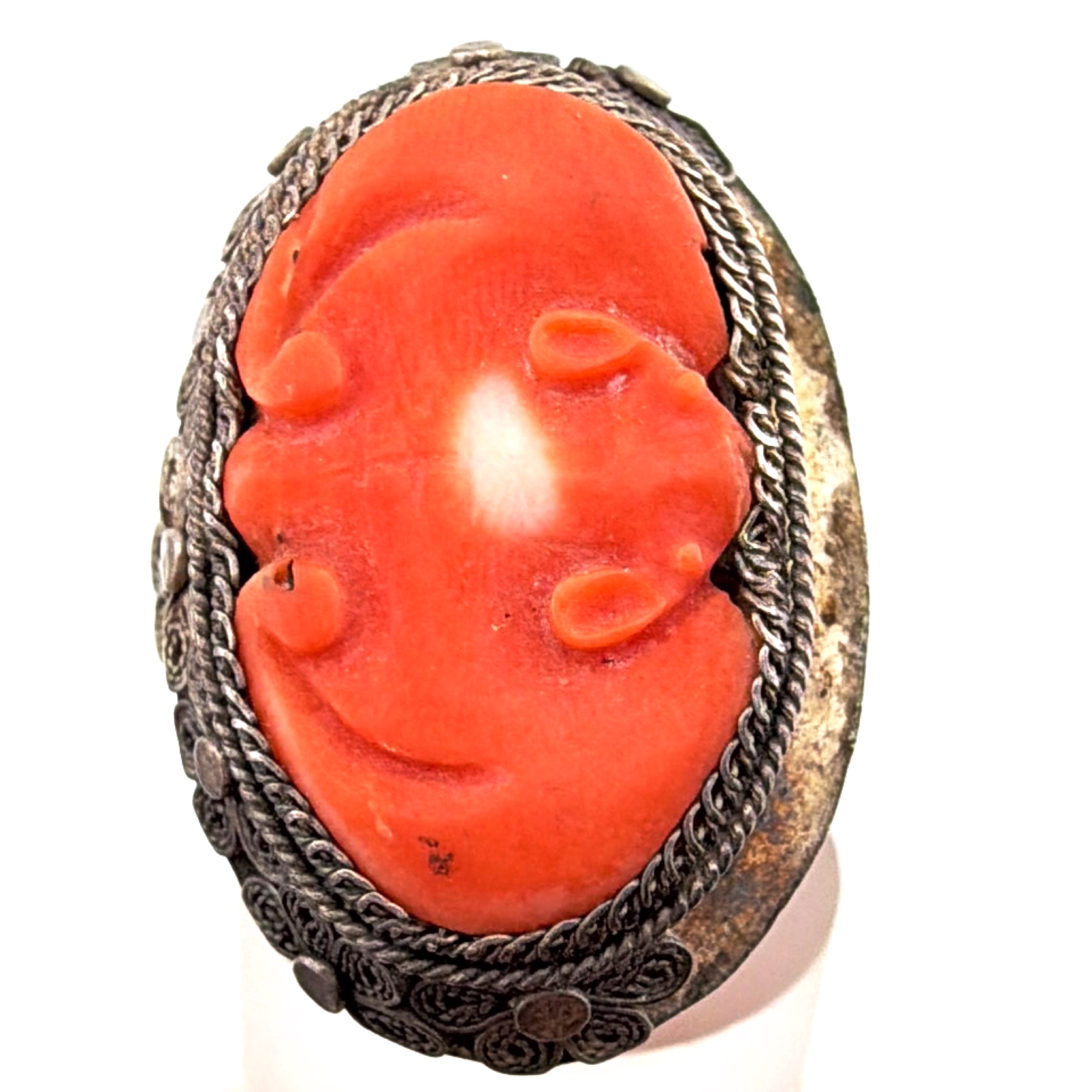 Art Deco 20s–40s Size 6.5 Chinese Export Silver Carved Bat Filigree Ring 4.89g — Front