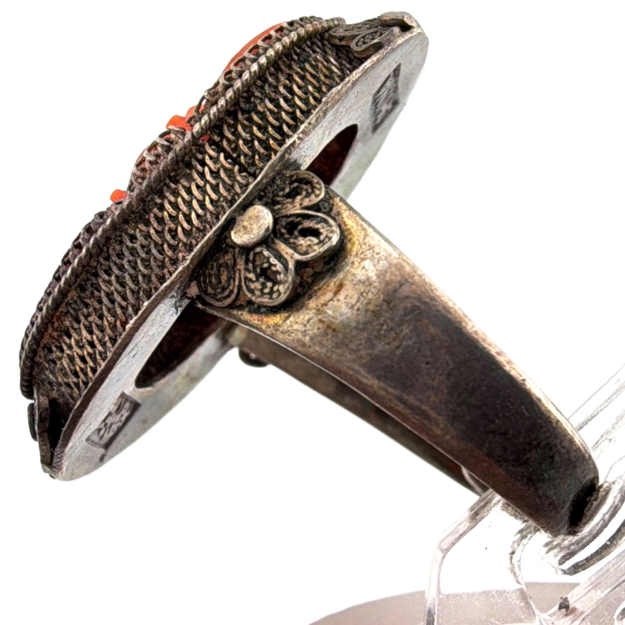 Art Deco 20s–40s Size 6.5 Chinese Export Silver Carved Bat Filigree Ring 4.89g — Side