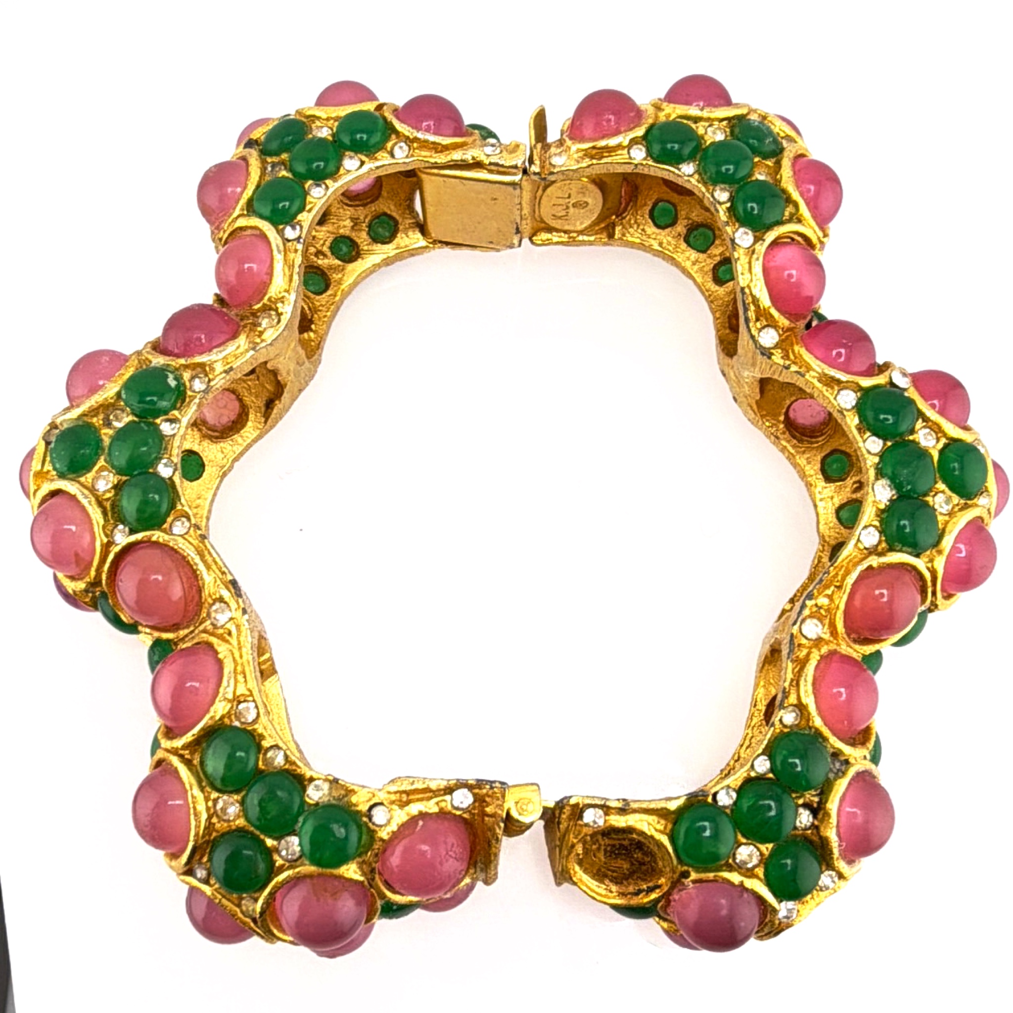 Retro 60s–80s K.J.L Gold Tone Pink Green Cabochon Bangle 83.68g 2.5 in — Back