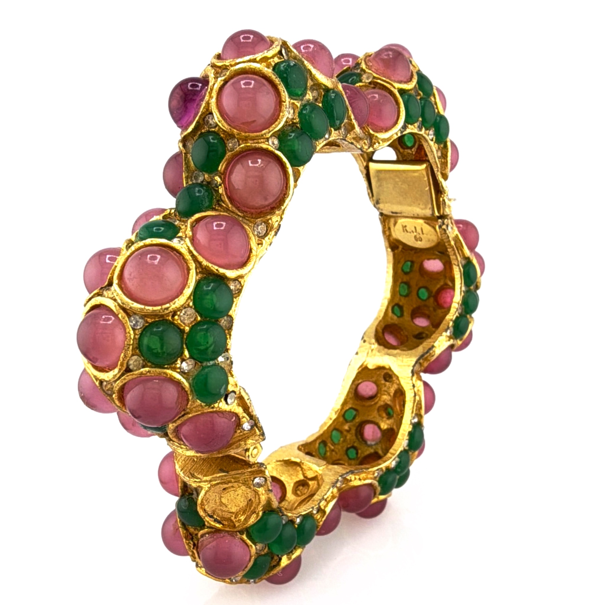 Retro 60s–80s K.J.L Gold Tone Pink Green Cabochon Bangle 83.68g 2.5 in — Side