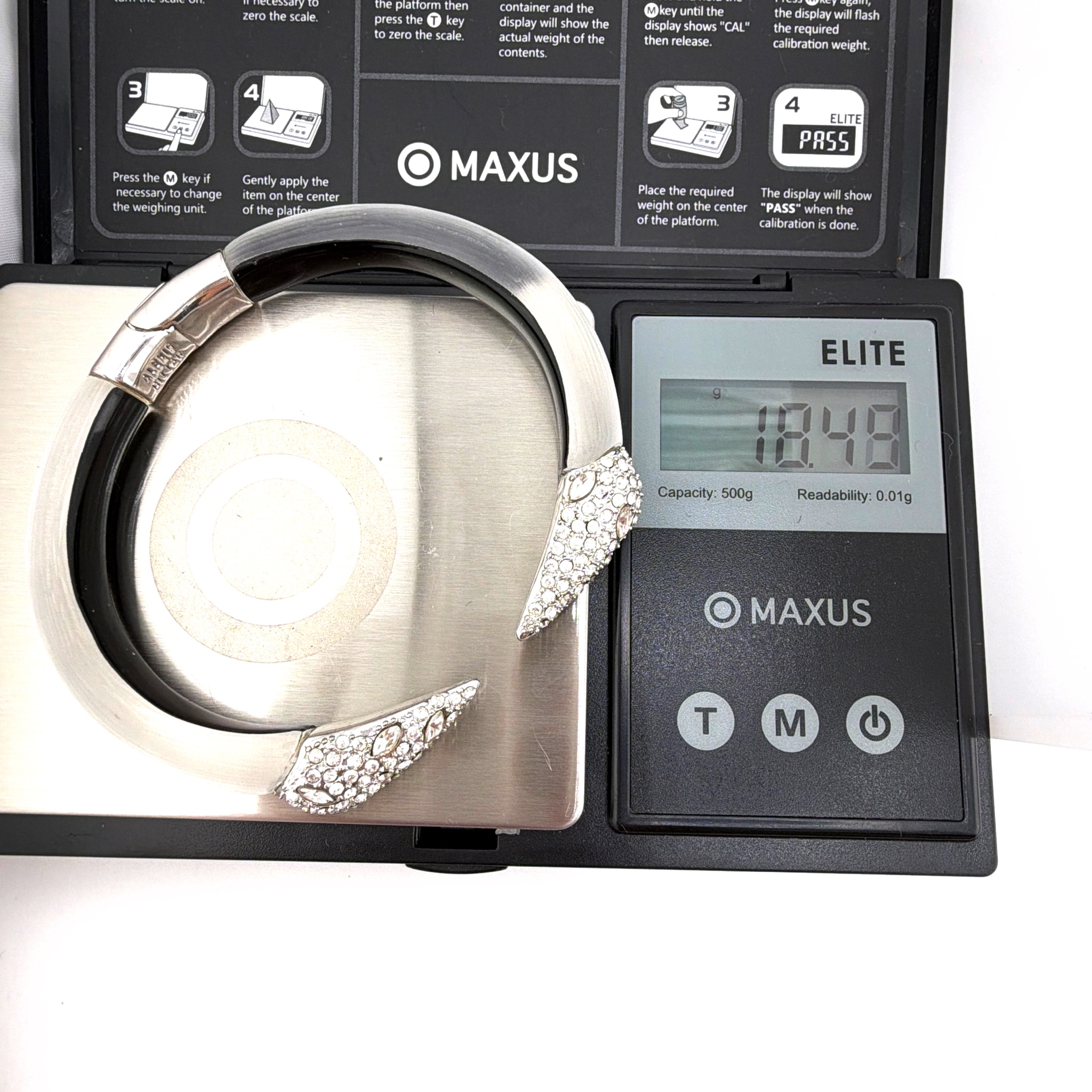 Alexis Bittar Silver Tone Lucite Pave Rhinestone Cuff Bracelet 18.48g — For scale