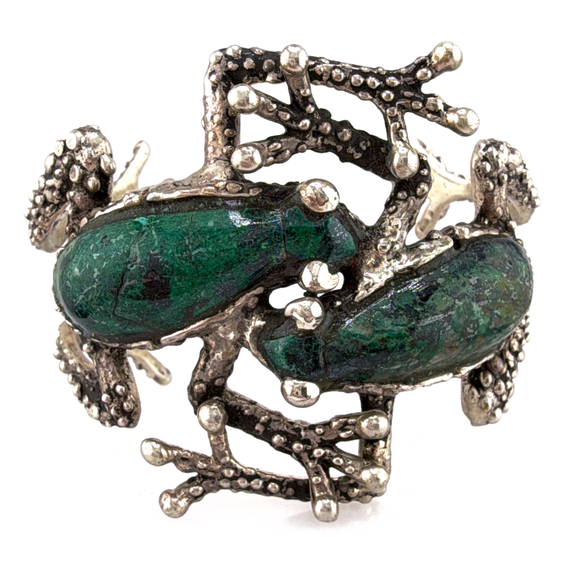 70s Manuel Porcayo Sterling Frog Cuff Bracelet, Green Cabochons 84.38g 6.5-7in — Front