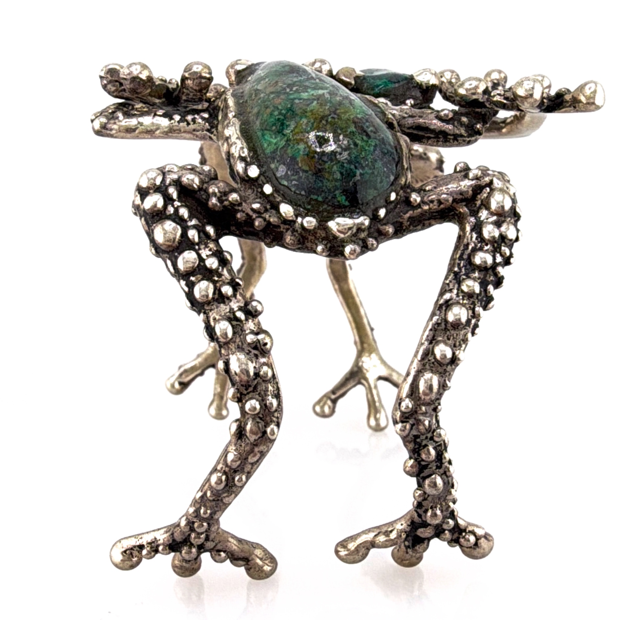 70s Manuel Porcayo Sterling Frog Cuff Bracelet, Green Cabochons 84.38g 6.5-7in — Front