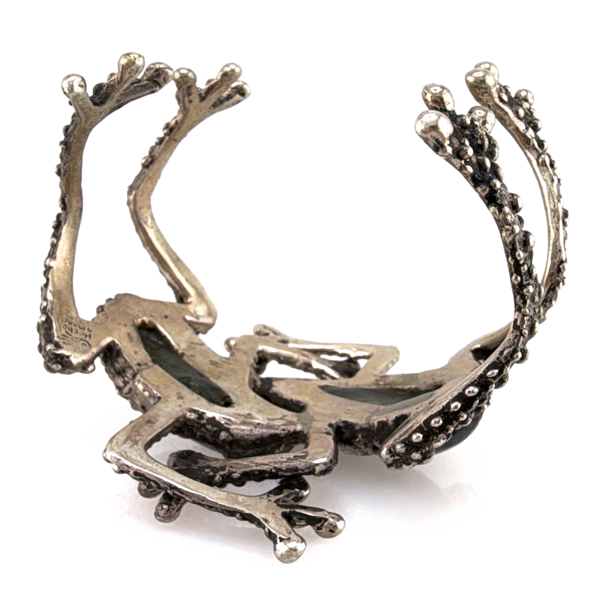 70s Manuel Porcayo Sterling Frog Cuff Bracelet, Green Cabochons 84.38g 6.5-7in — Back
