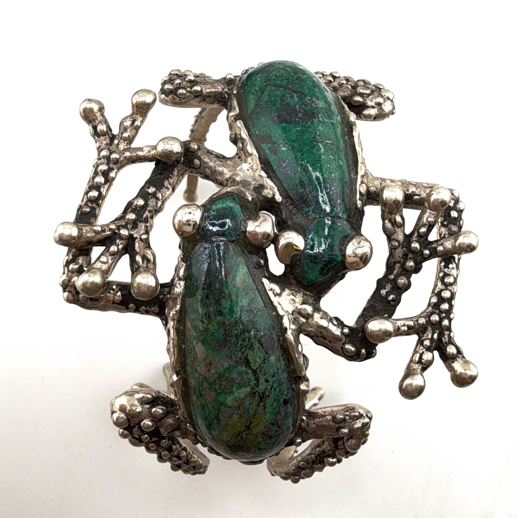 70s Manuel Porcayo Sterling Frog Cuff Bracelet, Green Cabochons 84.38g 6.5-7in — Side