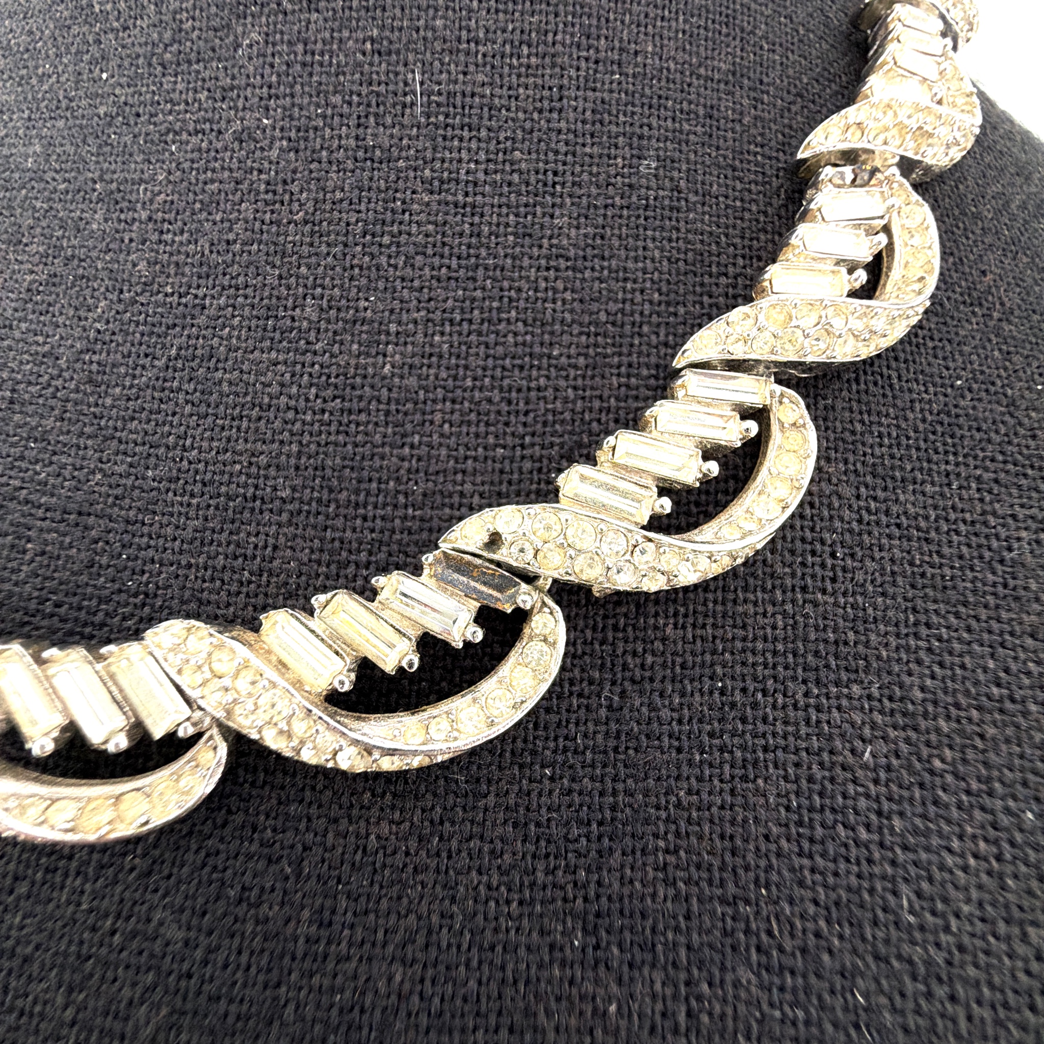 Mid-Century 50s–60s 16 in Signed Trifari Silver Tone Rhinestone Necklace — Side