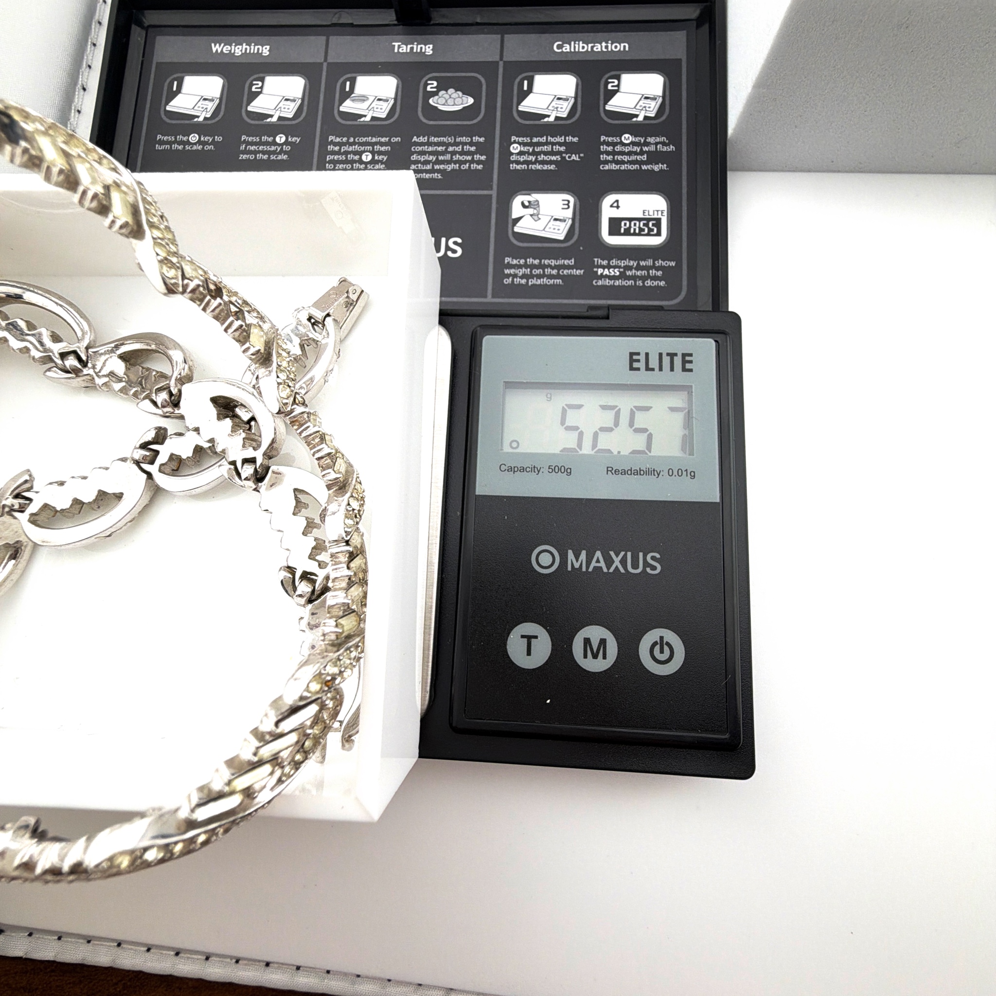 Mid-Century 50s–60s 16 in Signed Trifari Silver Tone Rhinestone Necklace — For scale