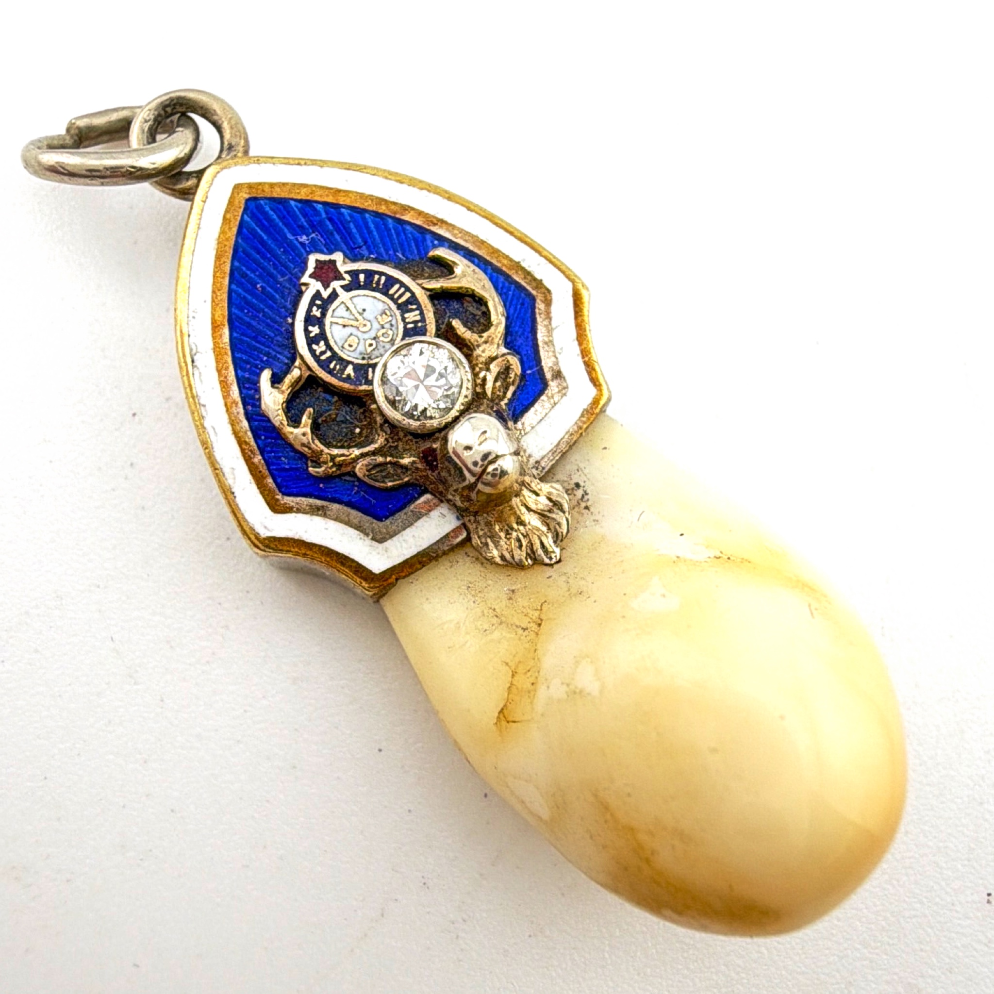 Edwardian 1900s–20s 14K Gold 4.42g Diamond Enamel BPOE Elks Lodge Elk Tooth Pendant — Front