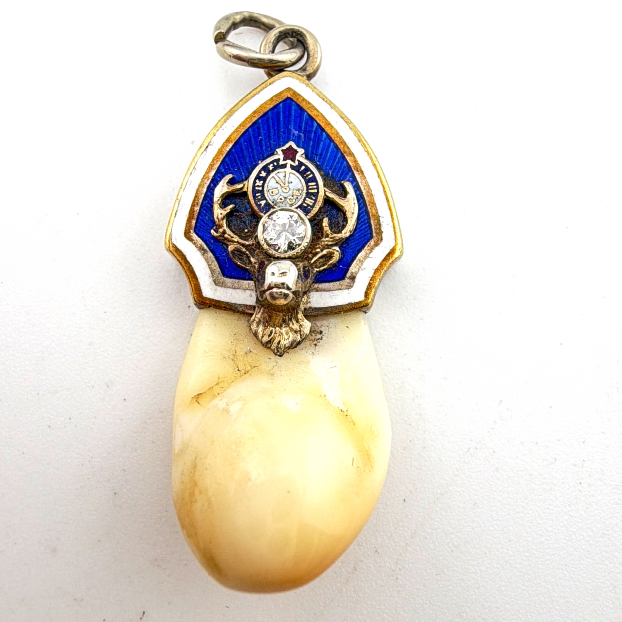 Edwardian 1900s–20s 14K Gold 4.42g Diamond Enamel BPOE Elks Lodge Elk Tooth Pendant — Front