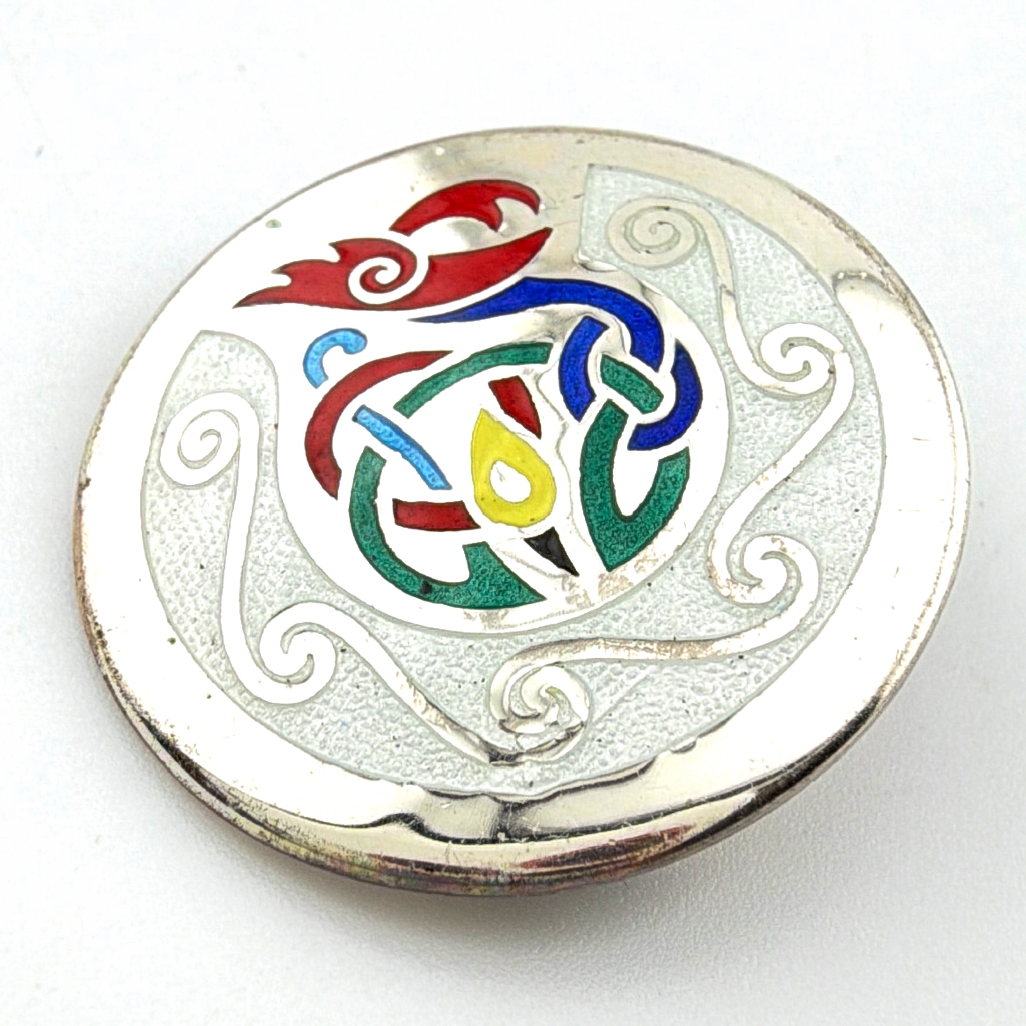 70s Sterling Dublin Hallmarked Celtic Knot Enamel Pin Brooch Signed TW 7.19g — Back