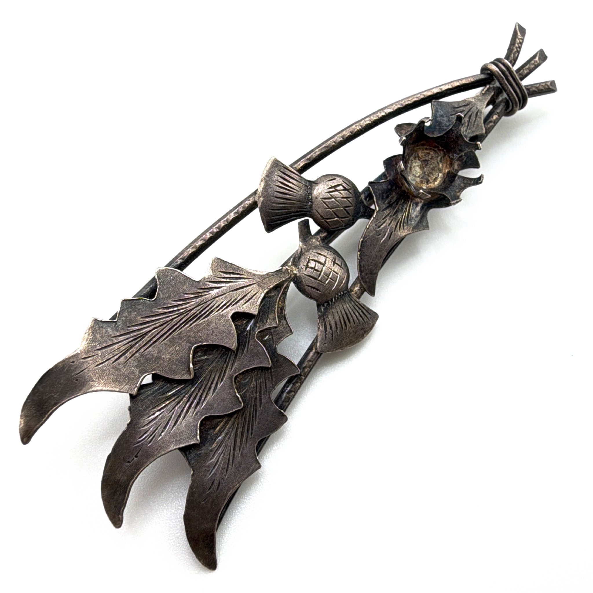 Victorian 1860s–1910s Sterling Scottish Thistle Bar Brooch 7.91g 2.75 in — Back