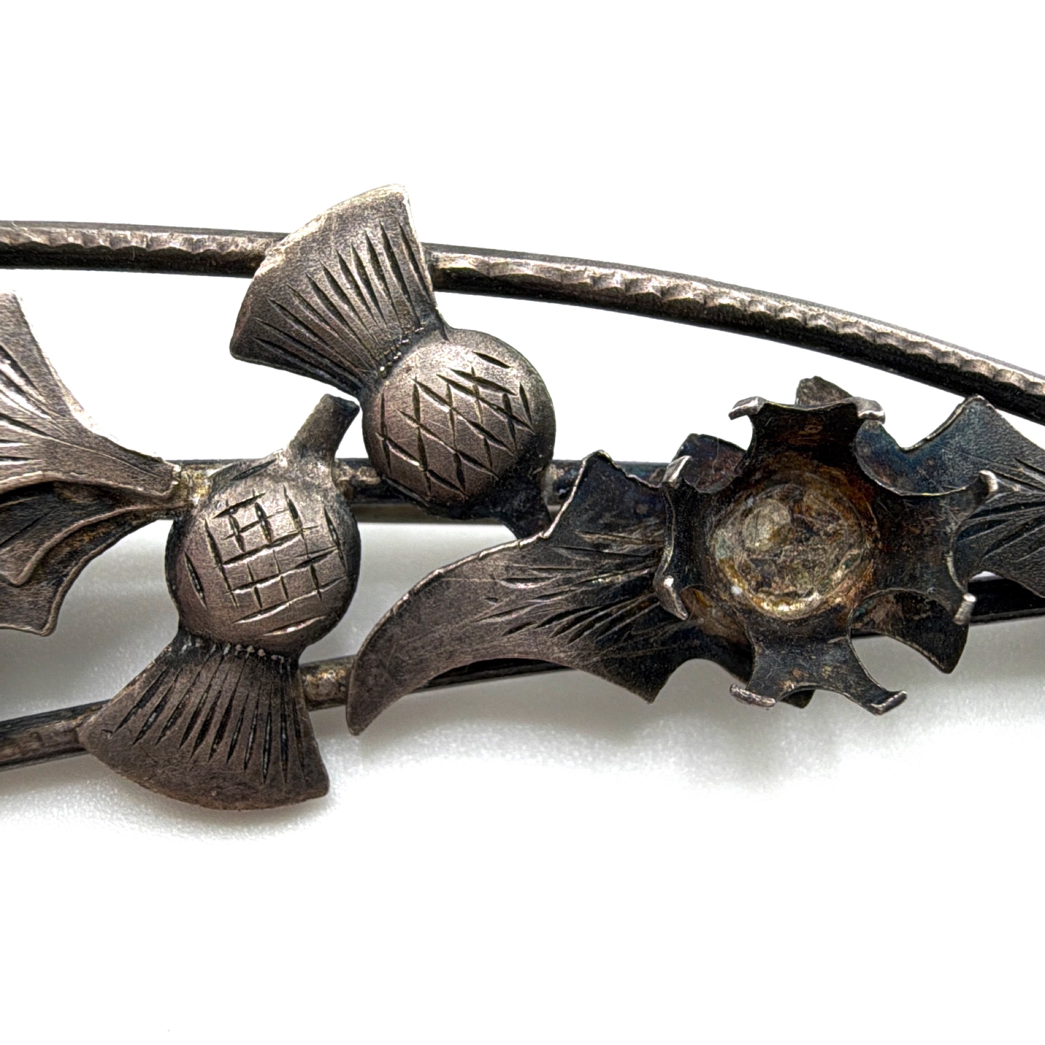 Victorian 1860s–1910s Sterling Scottish Thistle Bar Brooch 7.91g 2.75 in — Detail