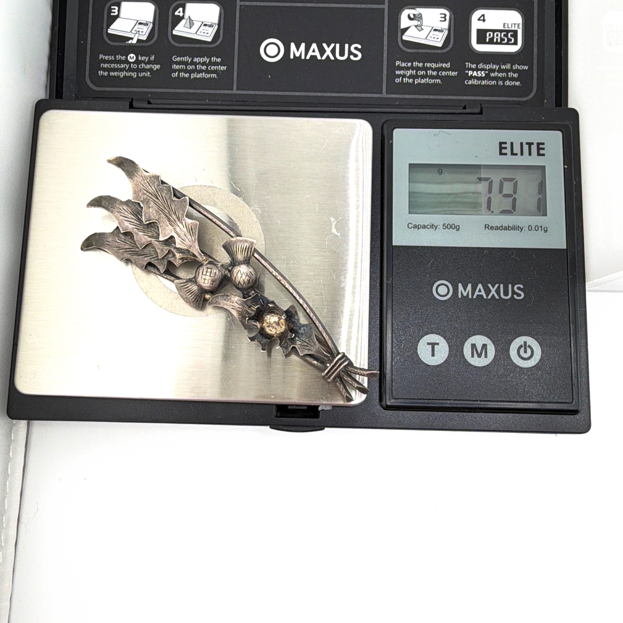 Victorian 1860s–1910s Sterling Scottish Thistle Bar Brooch 7.91g 2.75 in — For scale