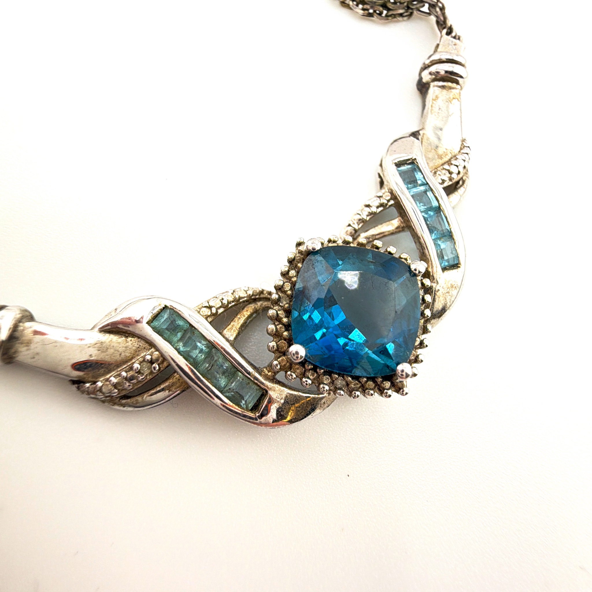 Sterling Silver Blue Topaz Swirl Pendant Necklace, Signed SUN 7.18g 20.5in — Detail