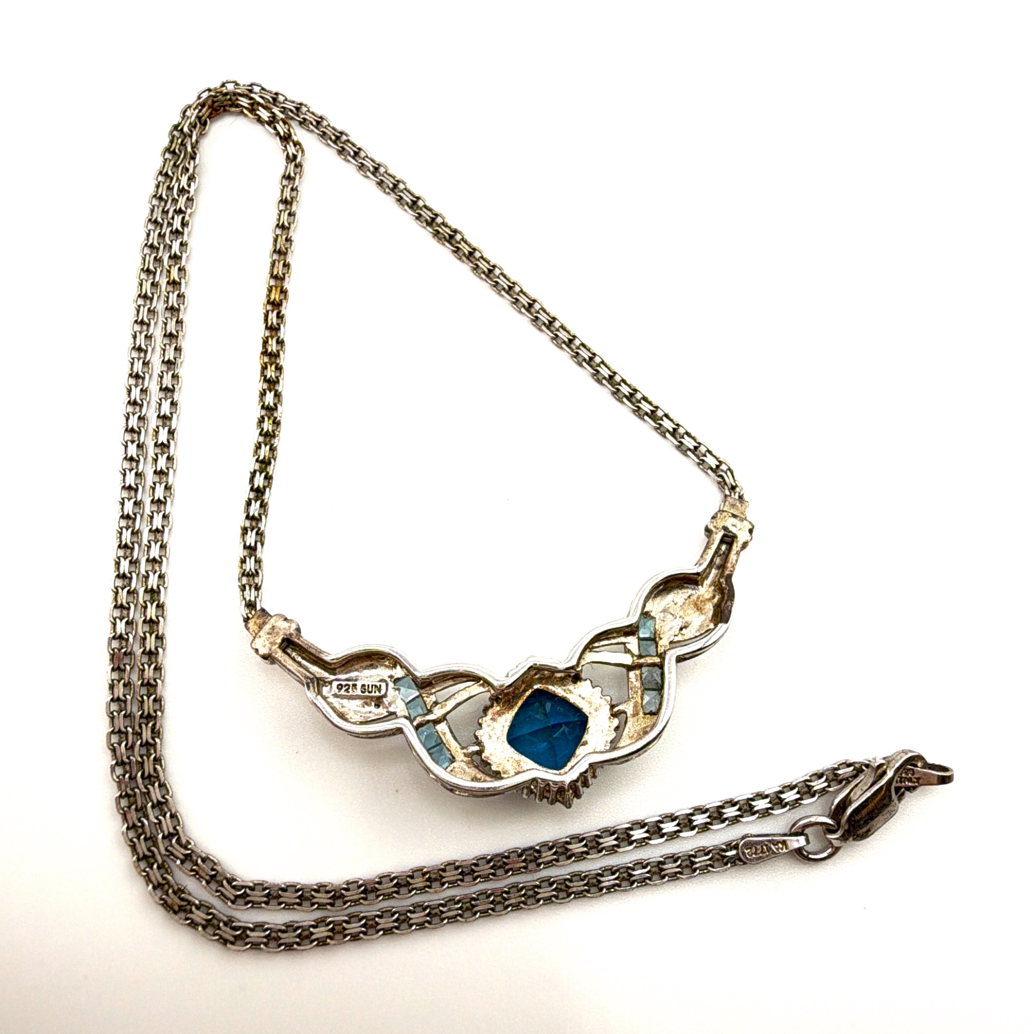 Sterling Silver Blue Topaz Swirl Pendant Necklace, Signed SUN 7.18g 20.5in — Front