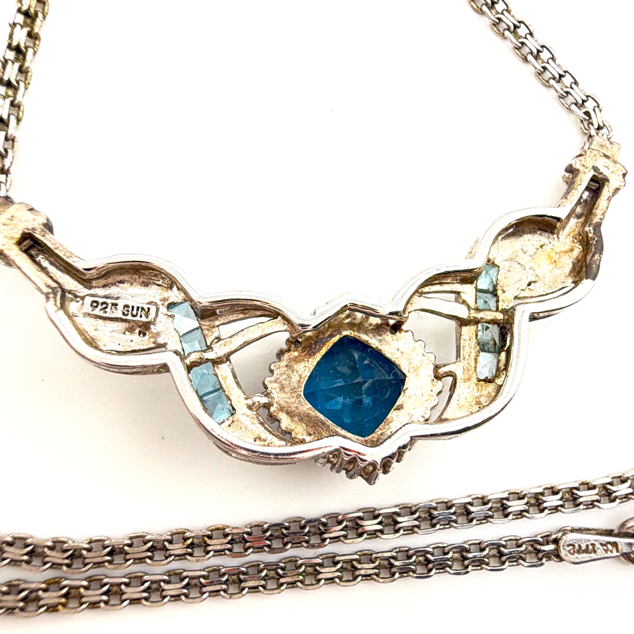 Sterling Silver Blue Topaz Swirl Pendant Necklace, Signed SUN 7.18g 20.5in — Back