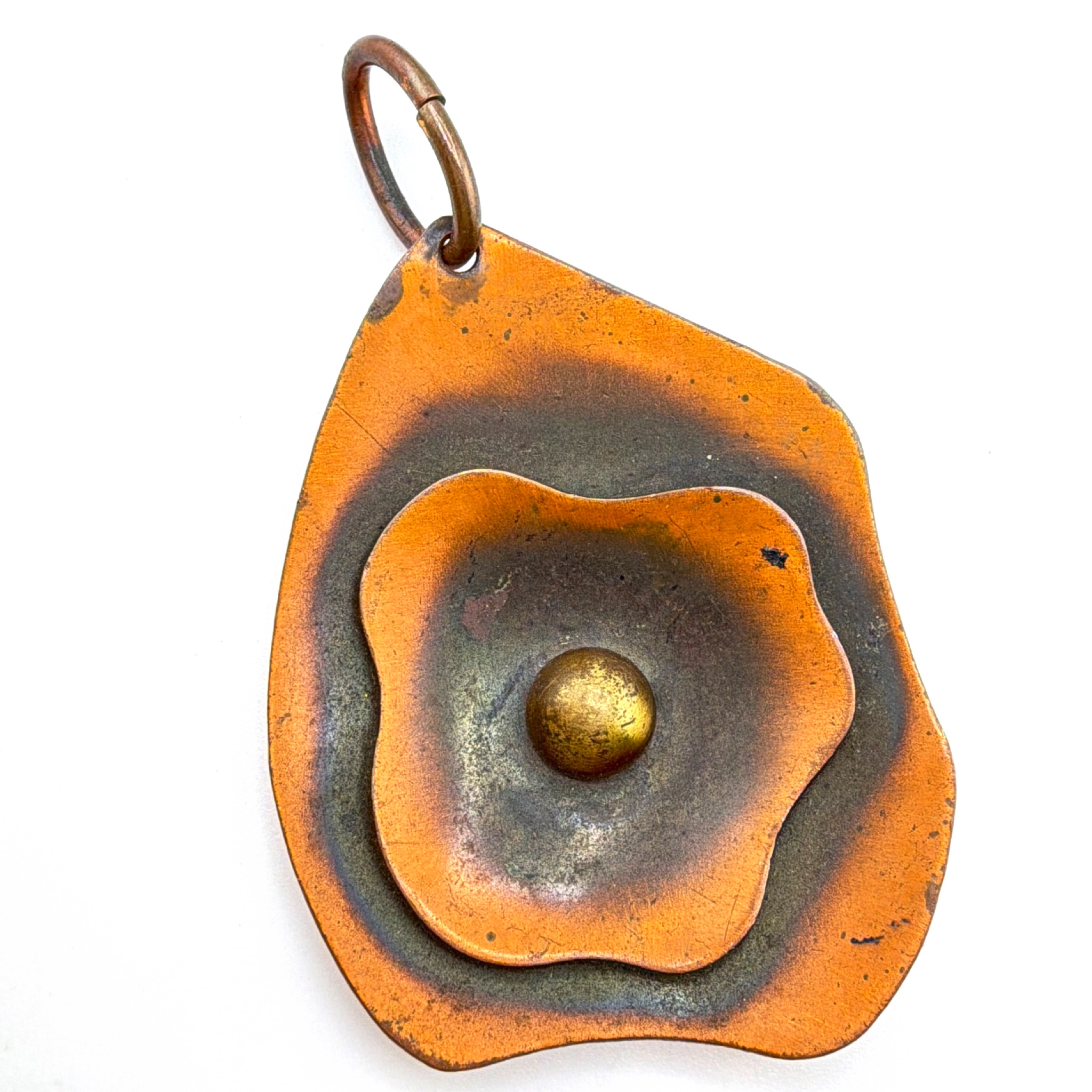 Modernist Genuine Copper Layered Flower Pendant, Brass Accent 19.36g — Front