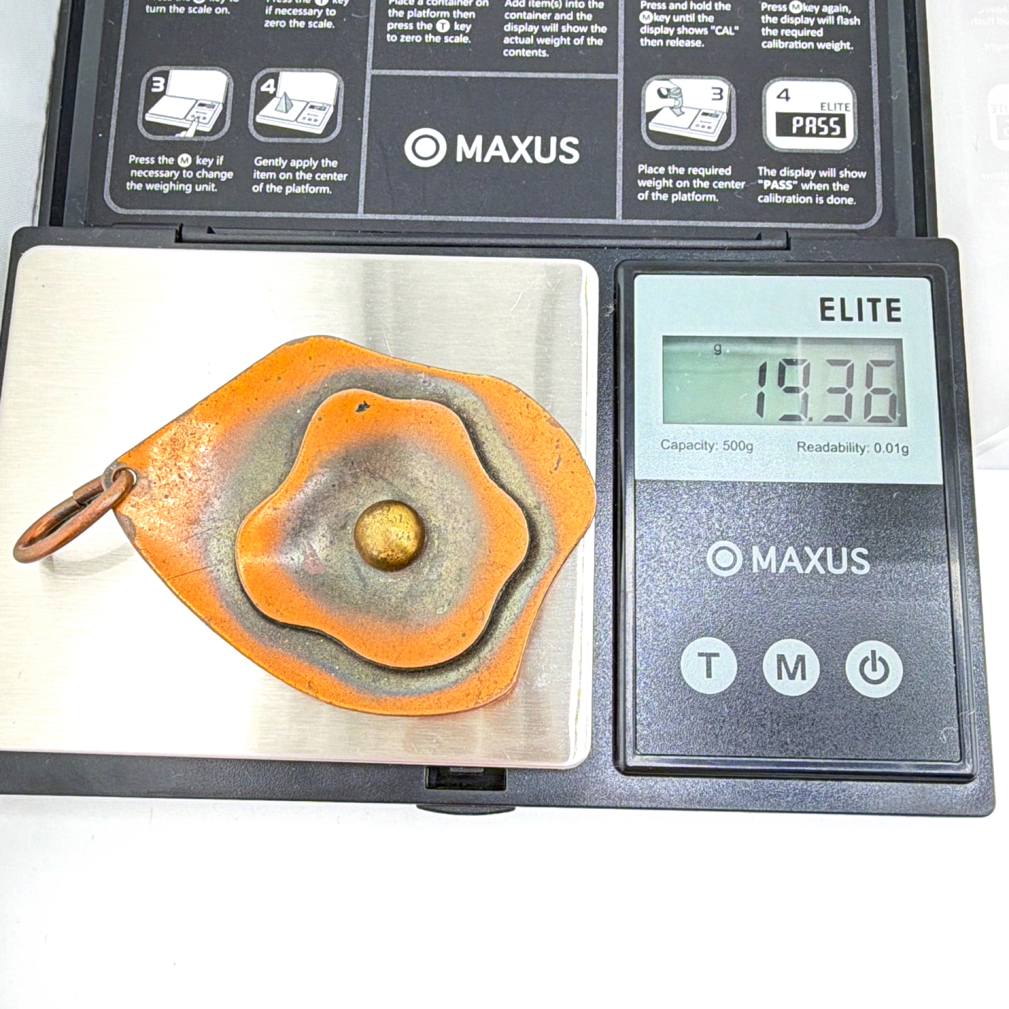 Modernist Genuine Copper Layered Flower Pendant, Brass Accent 19.36g — For scale