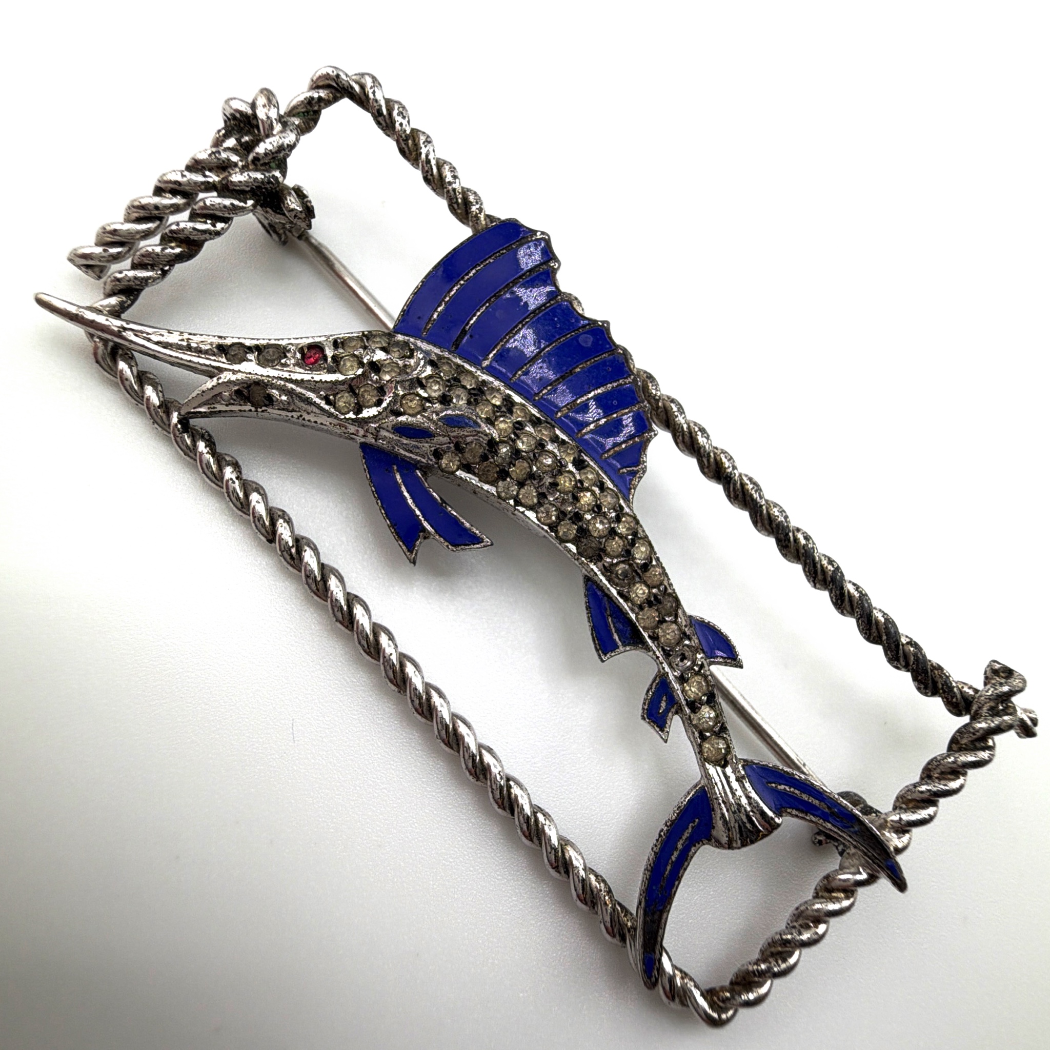 Mid-Century 30s–60s Sterling Enamel Sailfish Bar Brooch 9.86g — Side