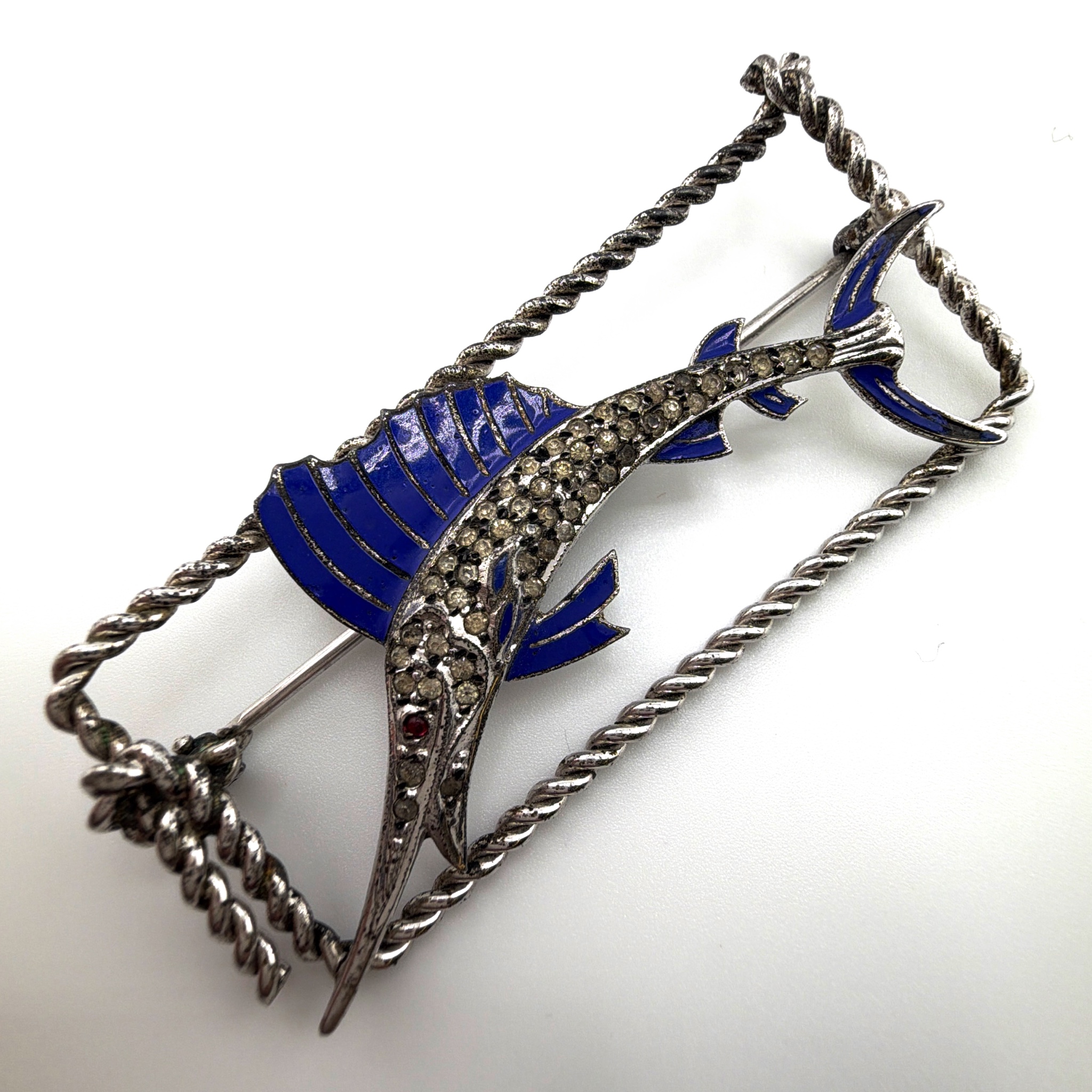 Mid-Century 30s–60s Sterling Enamel Sailfish Bar Brooch 9.86g — Back