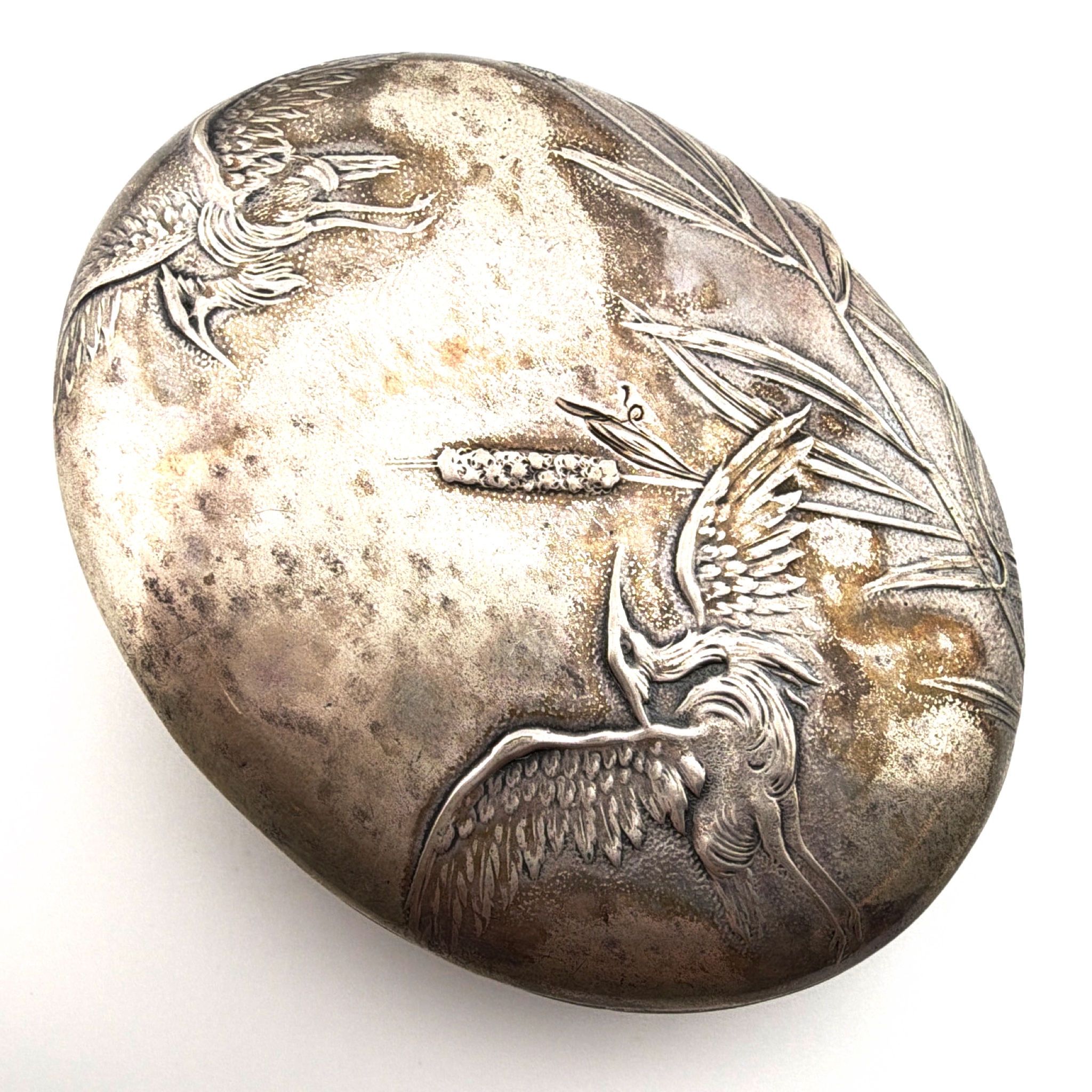 Victorian 1880s–1900s 2 in Sterling Repousse Herons Cattails Hinged Trinket Box 36.80g