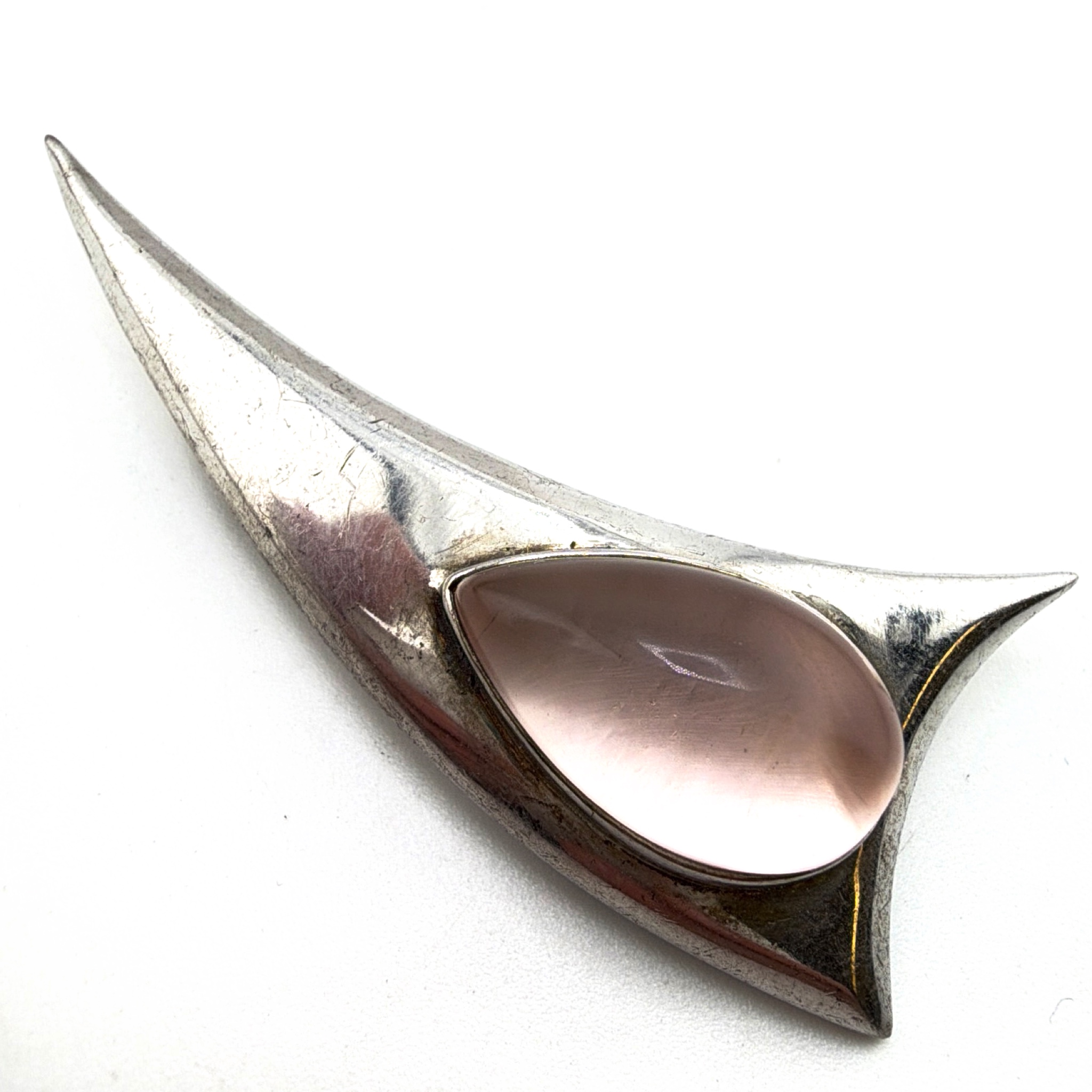 Vintage Sterling Silver SAVATI Modernist Swept Brooch, Pink Stone 14.18g 3 in — Back