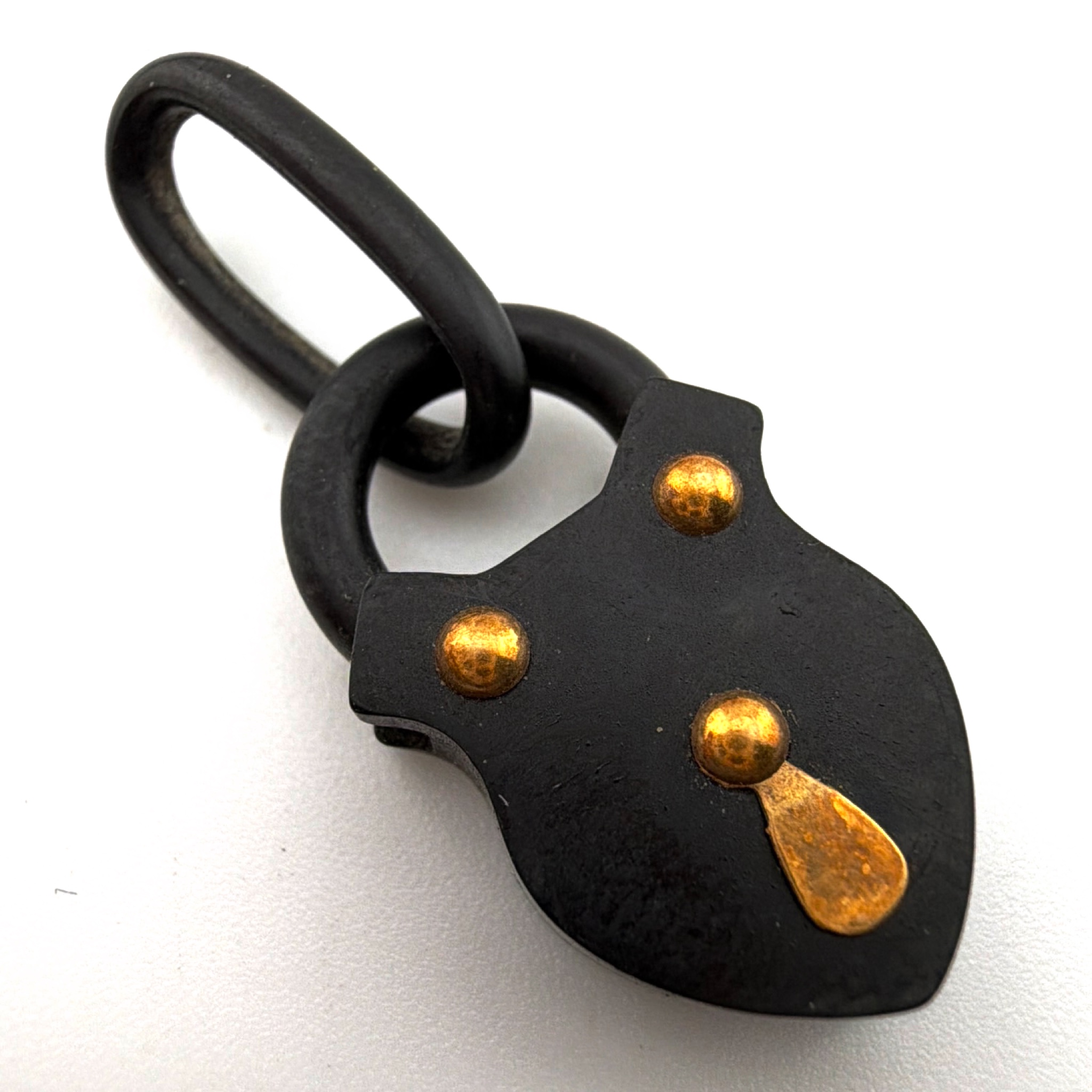 Victorian vulcanite / gutta-percha mourning padlock Charm Pendant, Gold Tone Rivets 1.00g