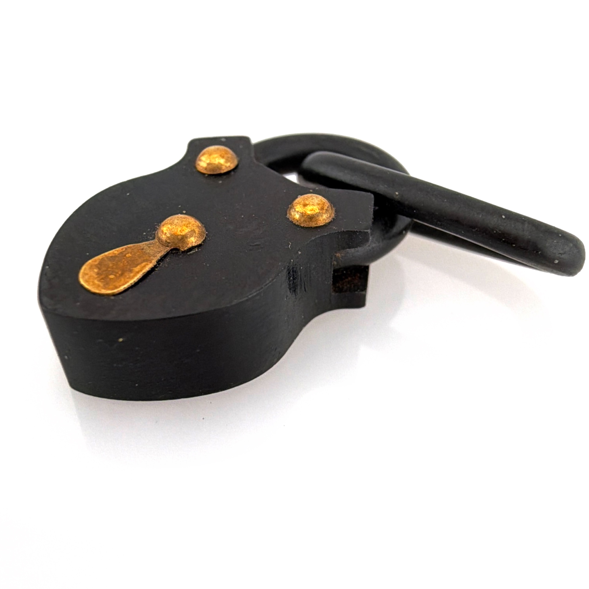 Victorian vulcanite / gutta-percha mourning padlock Charm Pendant, Gold Tone Rivets 1.00g — Back
