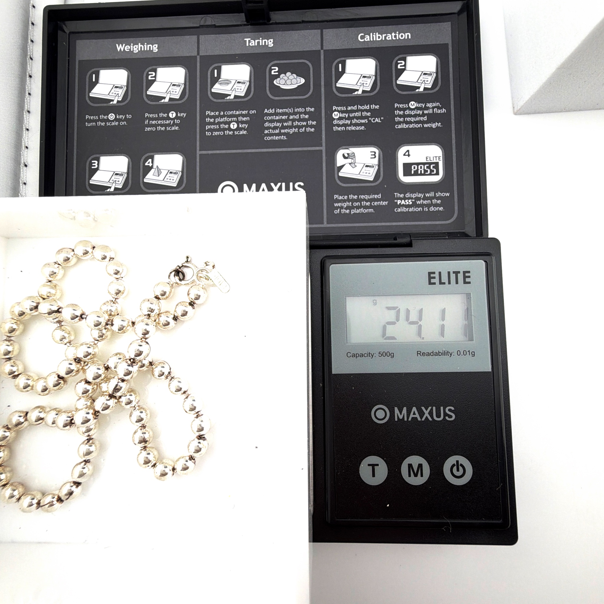 Sterling Silver Ball Bead Necklace 24.11g 15 in — For scale