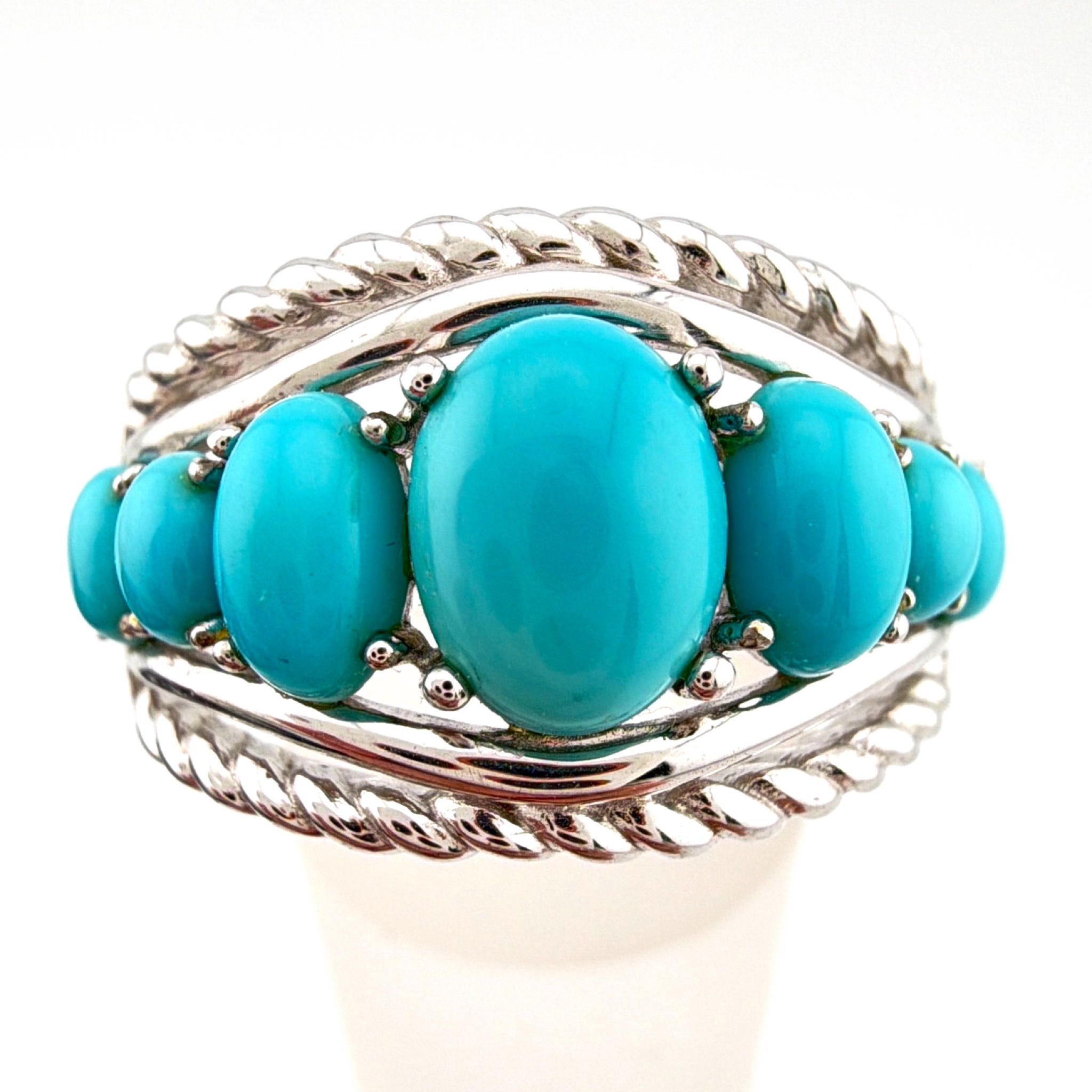 Sterling Signed EA Graduated Turquoise Cabochon Ring 4.44g — Front