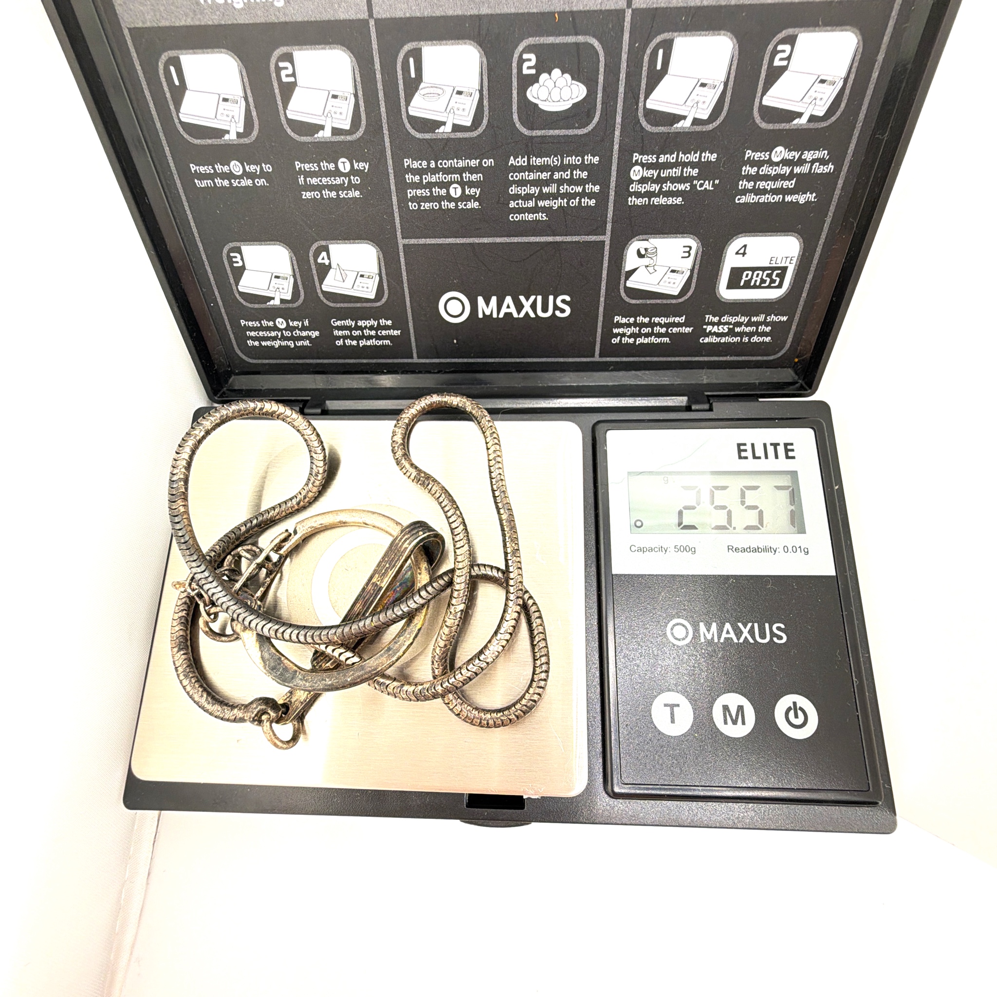 Vintage Silver Tone Snake Chain Watch Fob Chain 25.57g 7.9in — For scale