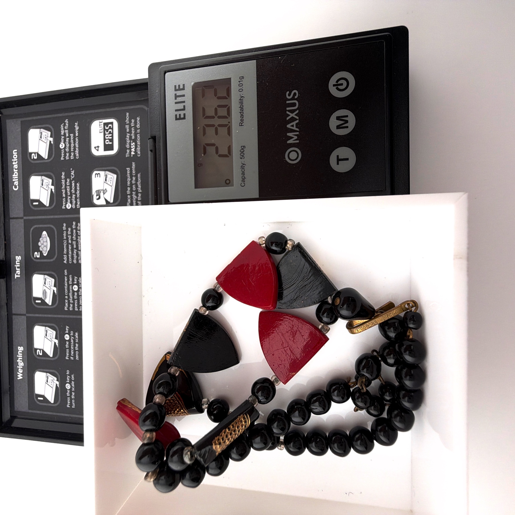 Retro 40s–60s West Germany Gold Tone Red & Black Shield Panel Necklace 23.62g — For scale