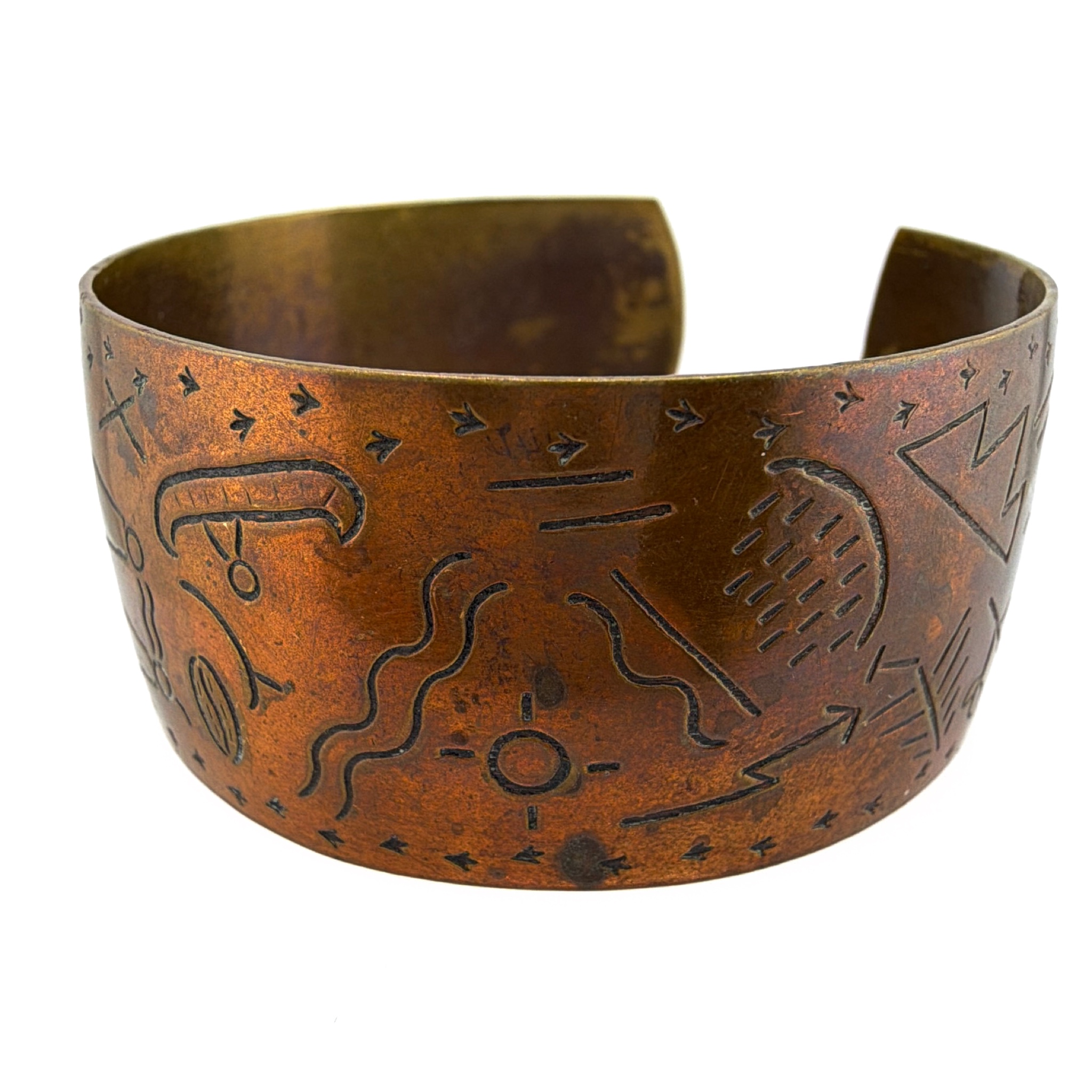 Copper Tone Southwestern Etched Wide Cuff Bracelet 26.72g — Front