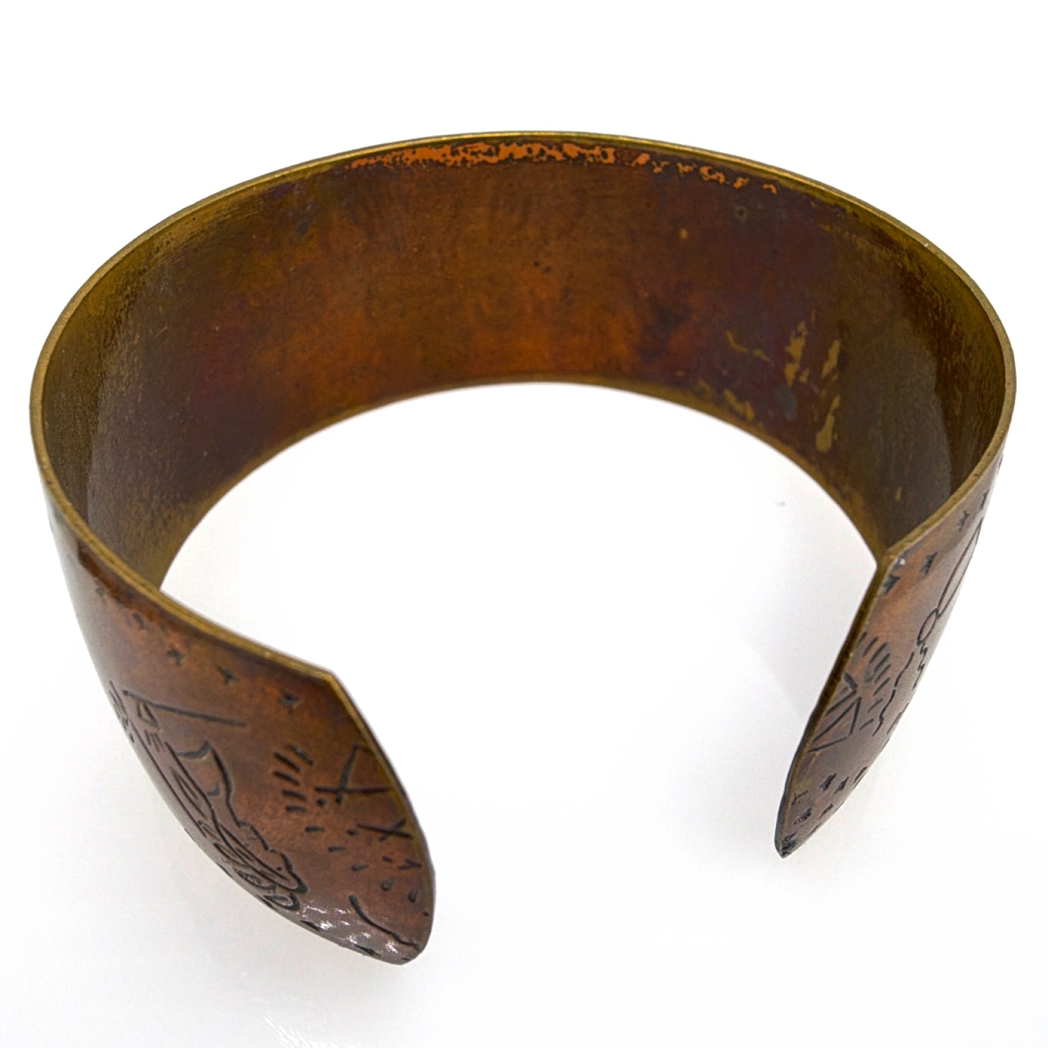Copper Tone Southwestern Etched Wide Cuff Bracelet 26.72g — Back
