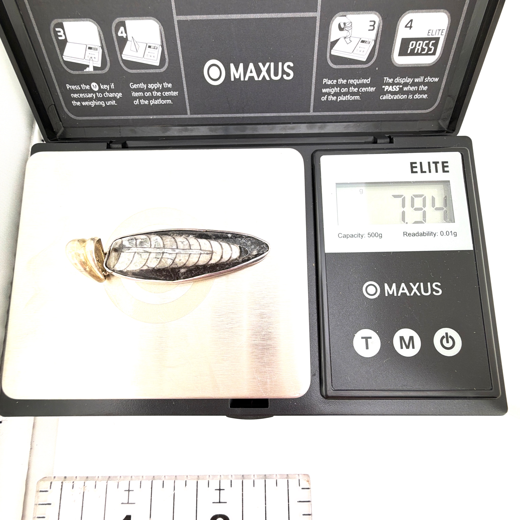 Sterling Silver Orthoceras Fossil Pendant 7.94g — For scale