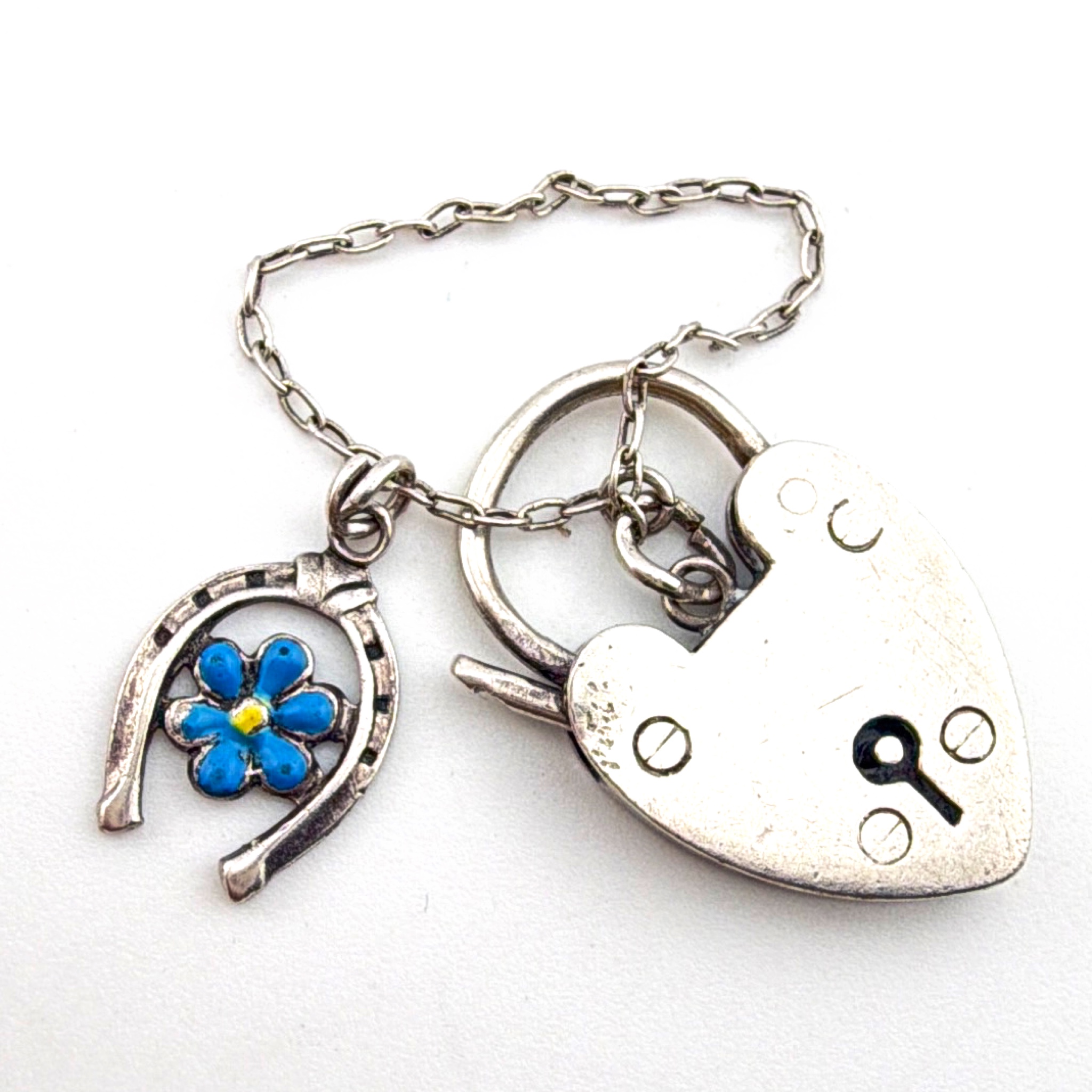 Victorian 1890s–1910s 1.75 in Sterling Enamel Forget-Me-Not Horseshoe Heart Padlock Charm 4.71g