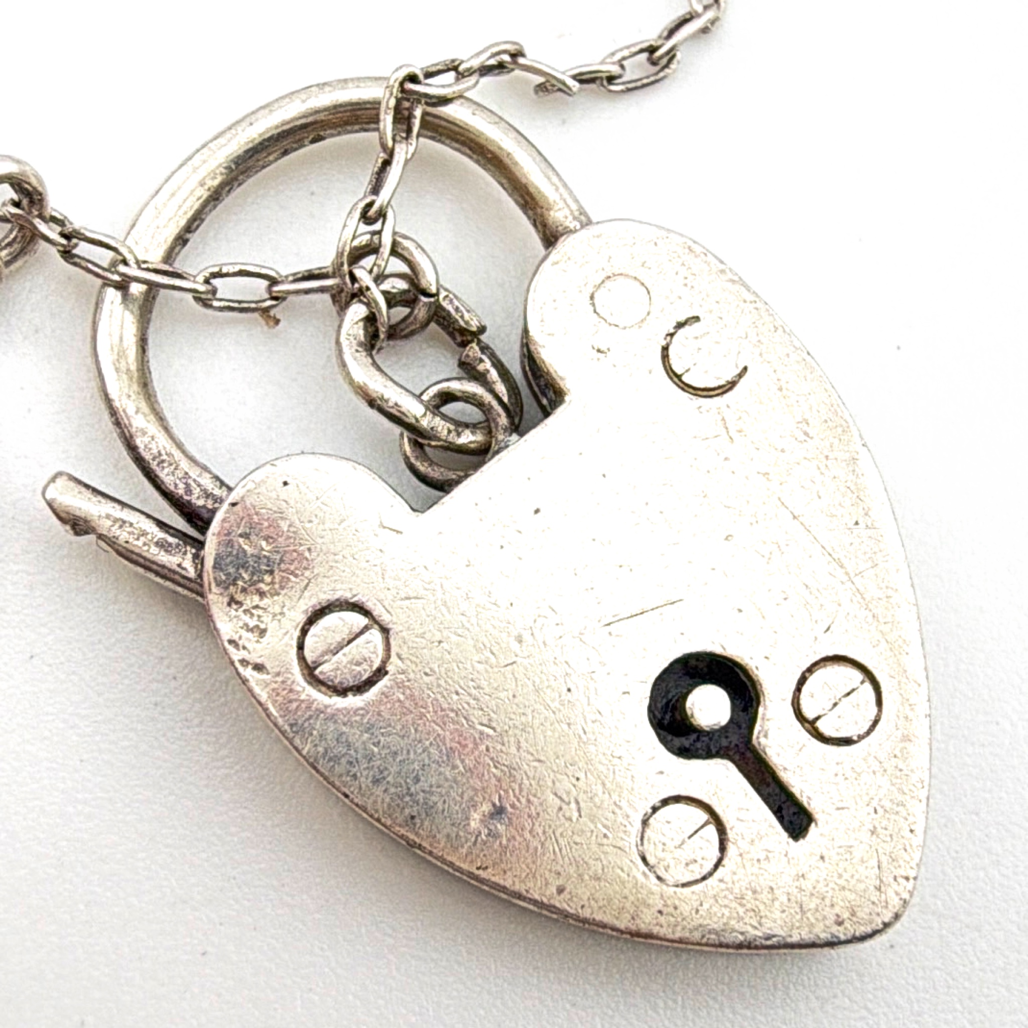 Victorian 1890s–1910s 1.75 in Sterling Enamel Forget-Me-Not Horseshoe Heart Padlock Charm 4.71g — Front