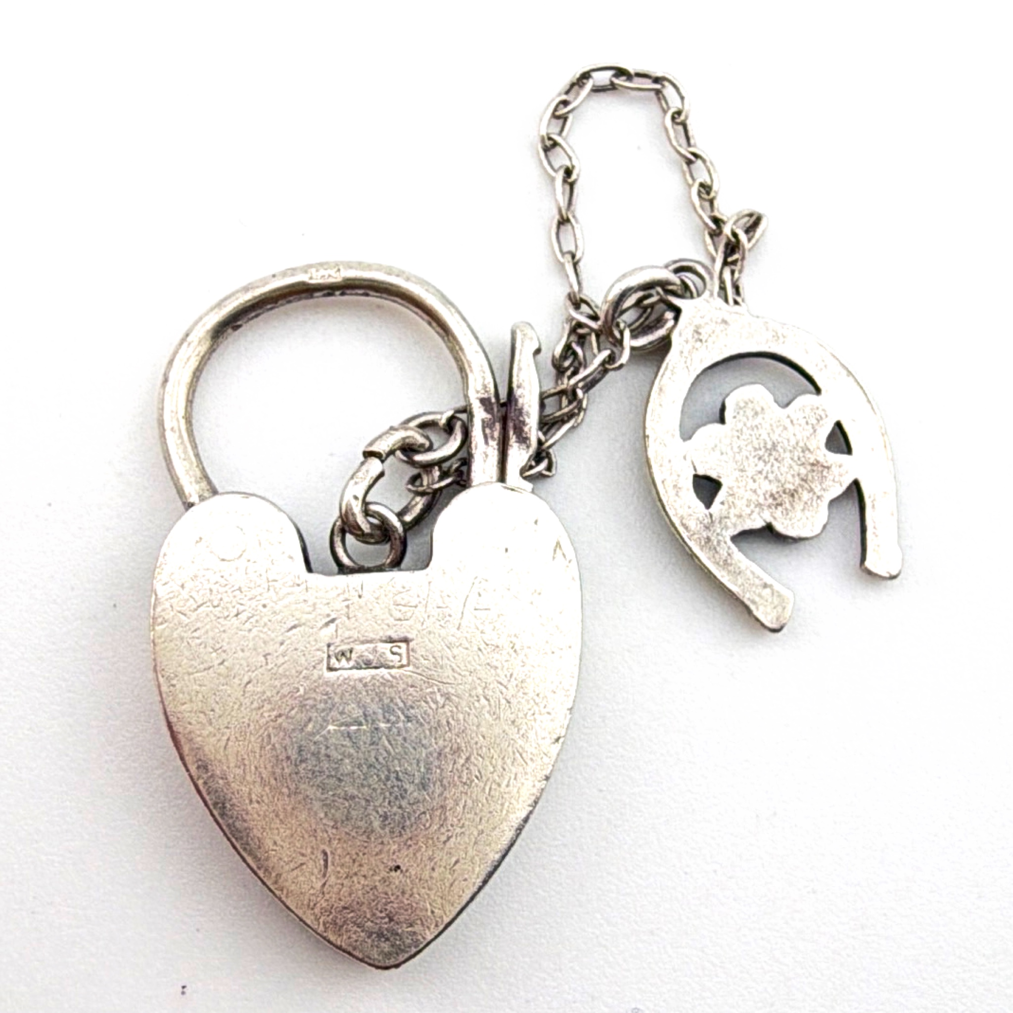 Victorian 1890s–1910s 1.75 in Sterling Enamel Forget-Me-Not Horseshoe Heart Padlock Charm 4.71g — Side