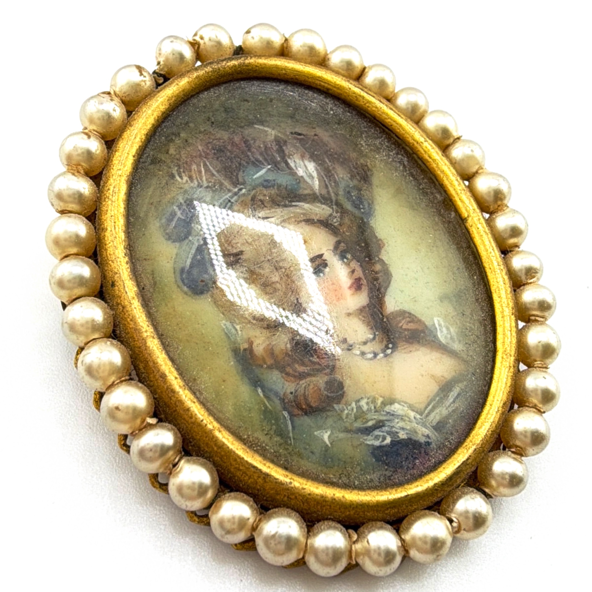 Victorian 1880s–1910s Gold Filled Portrait Brooch, Faux Pearl Halo, Hand-Tinted Lady 6.27g