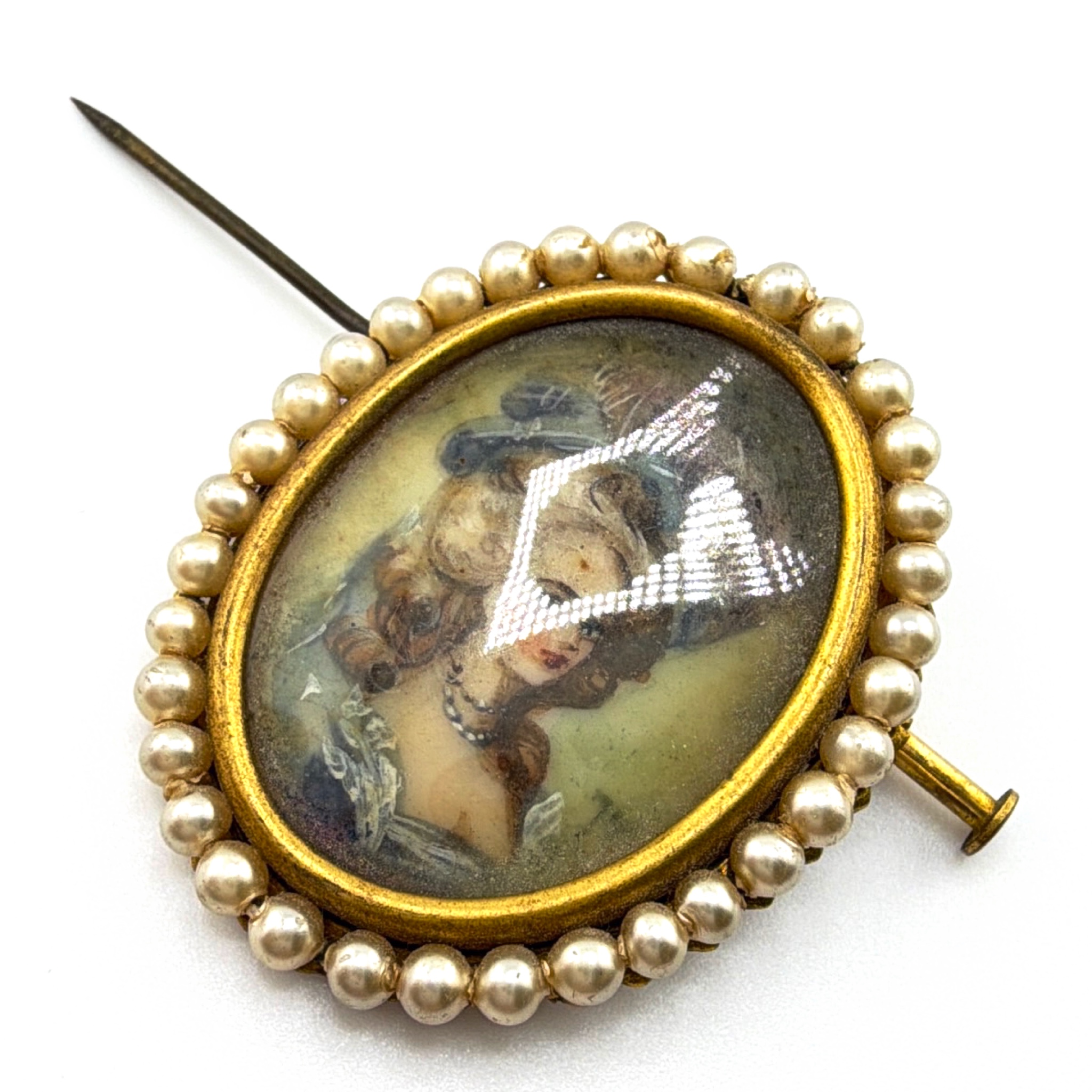 Victorian 1880s–1910s Gold Filled Portrait Brooch, Faux Pearl Halo, Hand-Tinted Lady 6.27g — Front