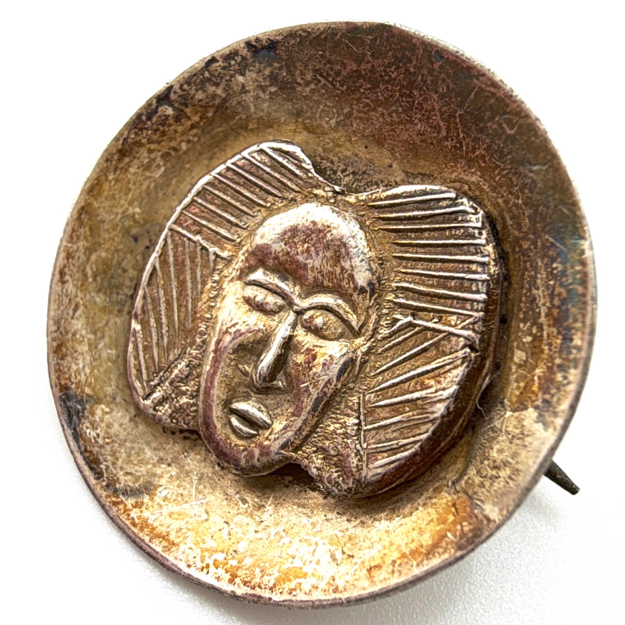 Mid-Century 40s–70s Sterling Silver Tribal Mask Modernist Pin Brooch 4.10g — Back