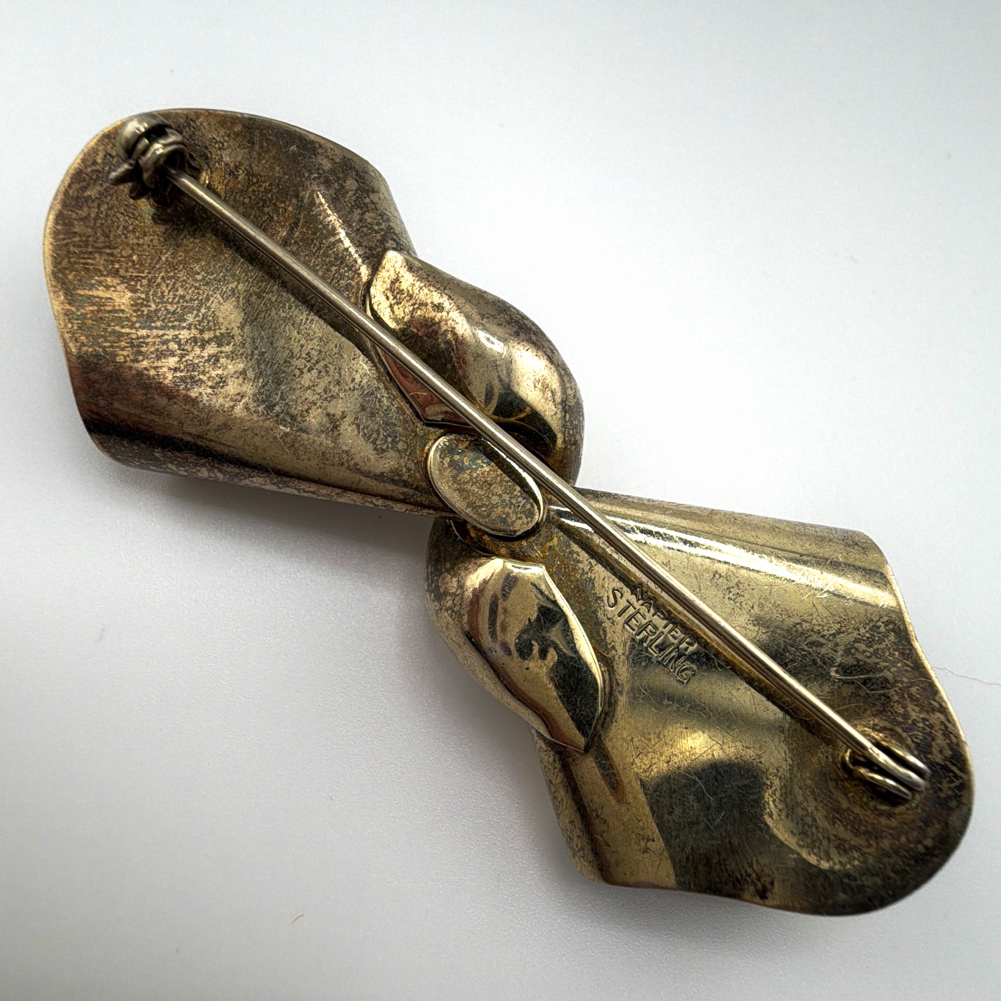 Retro 30s–50s Sterling Napier Bow Brooch 19.22g 2.6in — Side