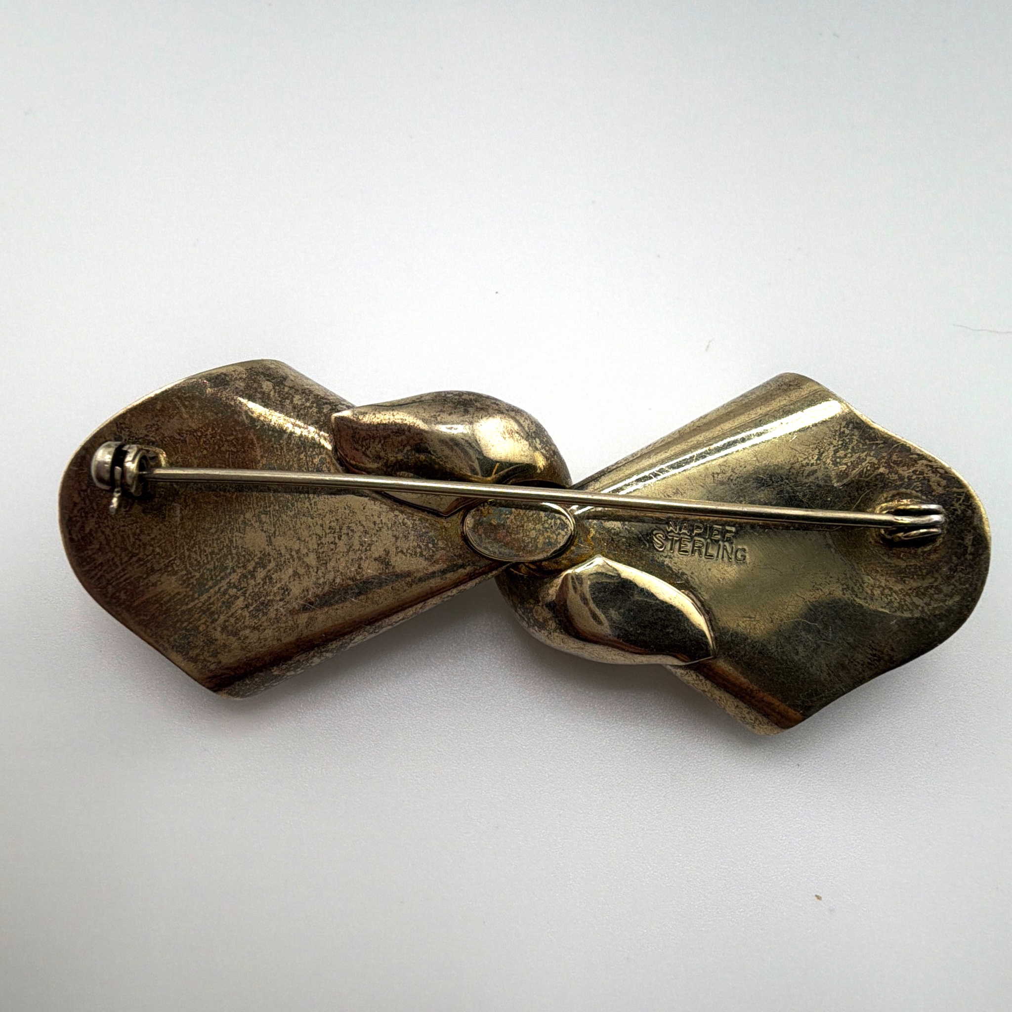 Retro 30s–50s Sterling Napier Bow Brooch 19.22g 2.6in — Back
