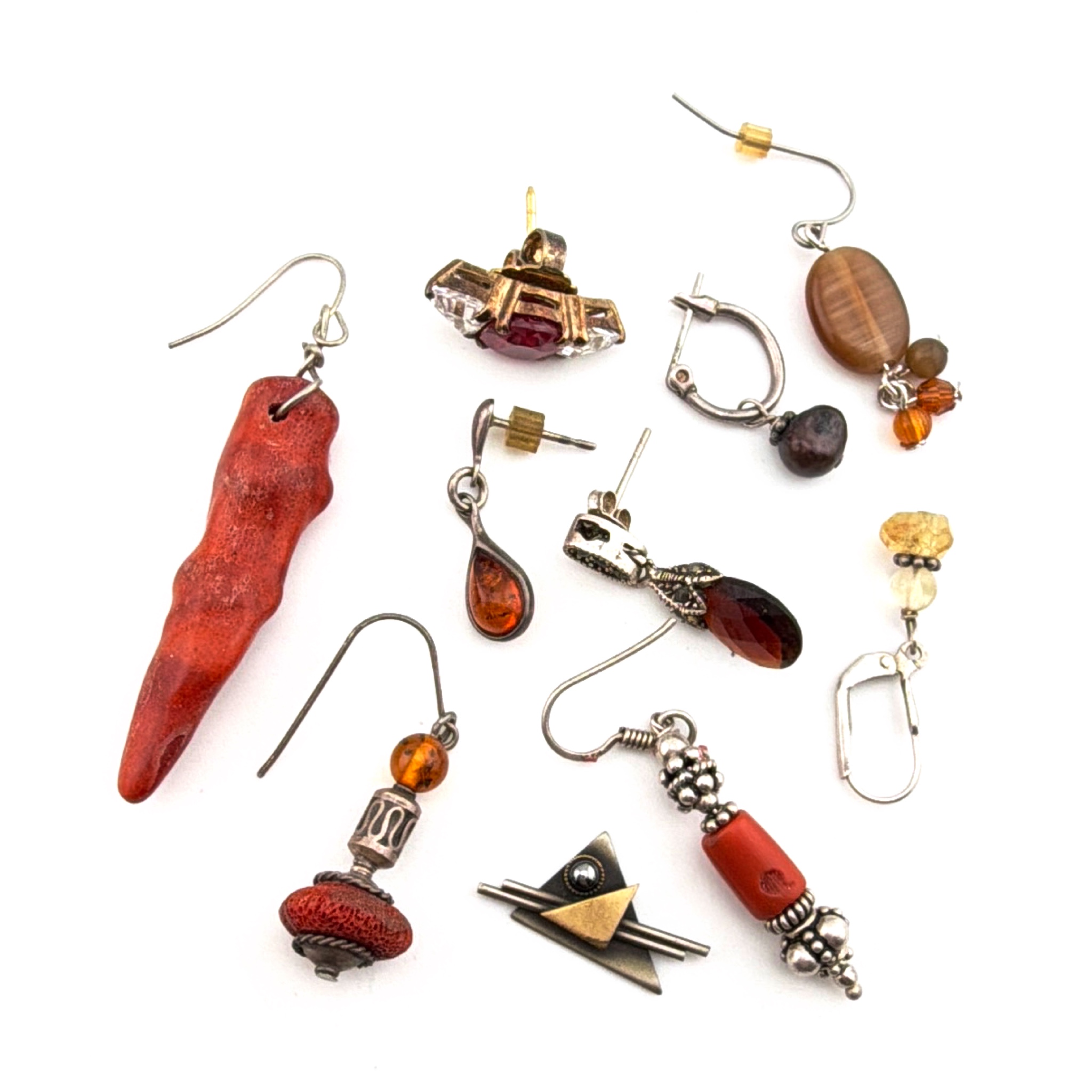 Mixed Metal Coral Amber Quartz 2.5 in Rhinestone Single Orphan Earring and Craft Lot 19.33g