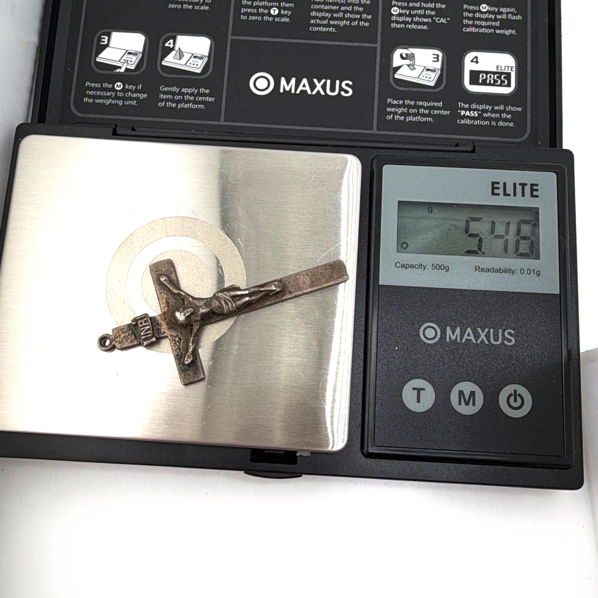 Vintage Sterling INRI Crucifix Pendant 5.48g — For scale