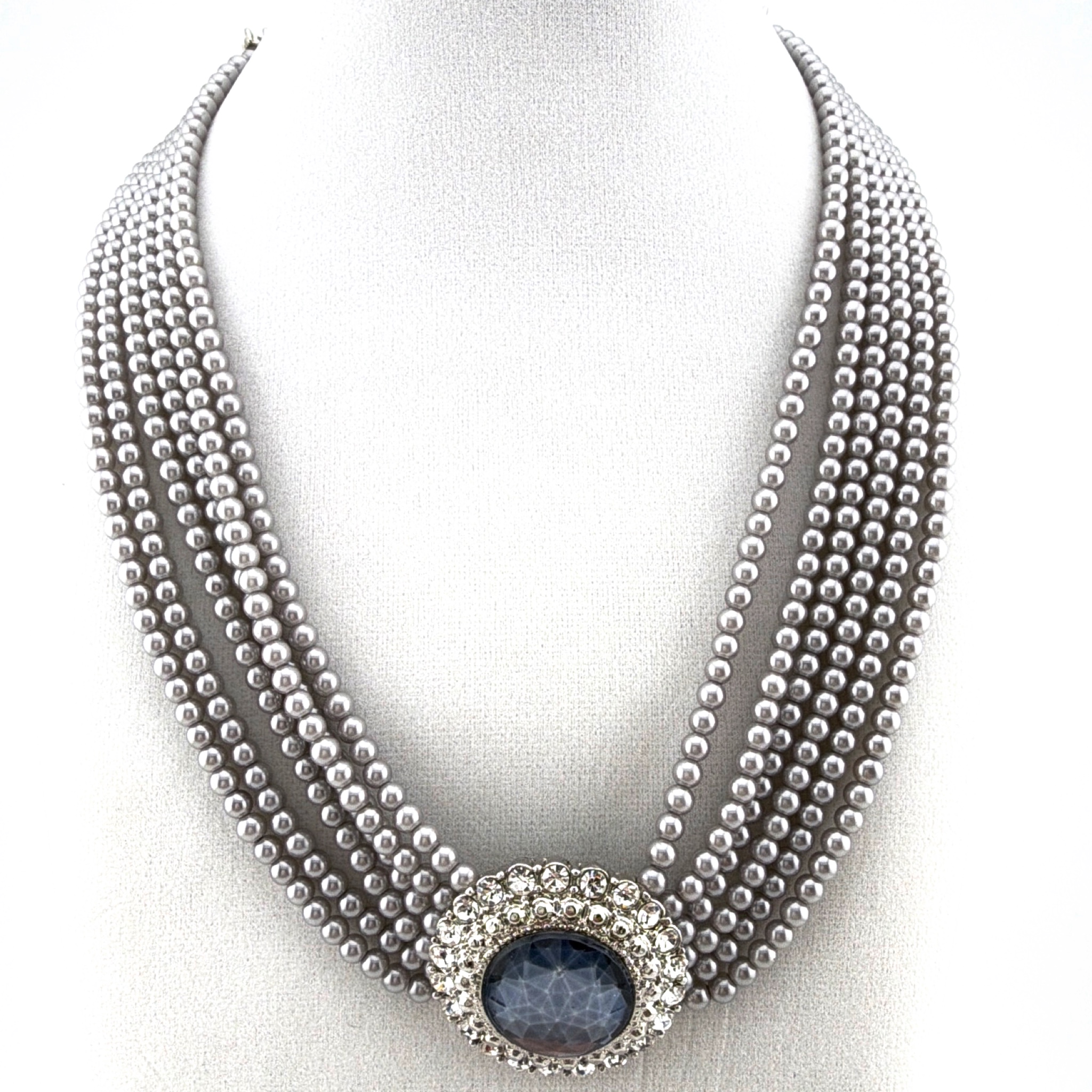 18.5 in Silver Tone Grey Faux Pearl 6-Strand Blue Glass Jewel Choker Necklace 84.00g
